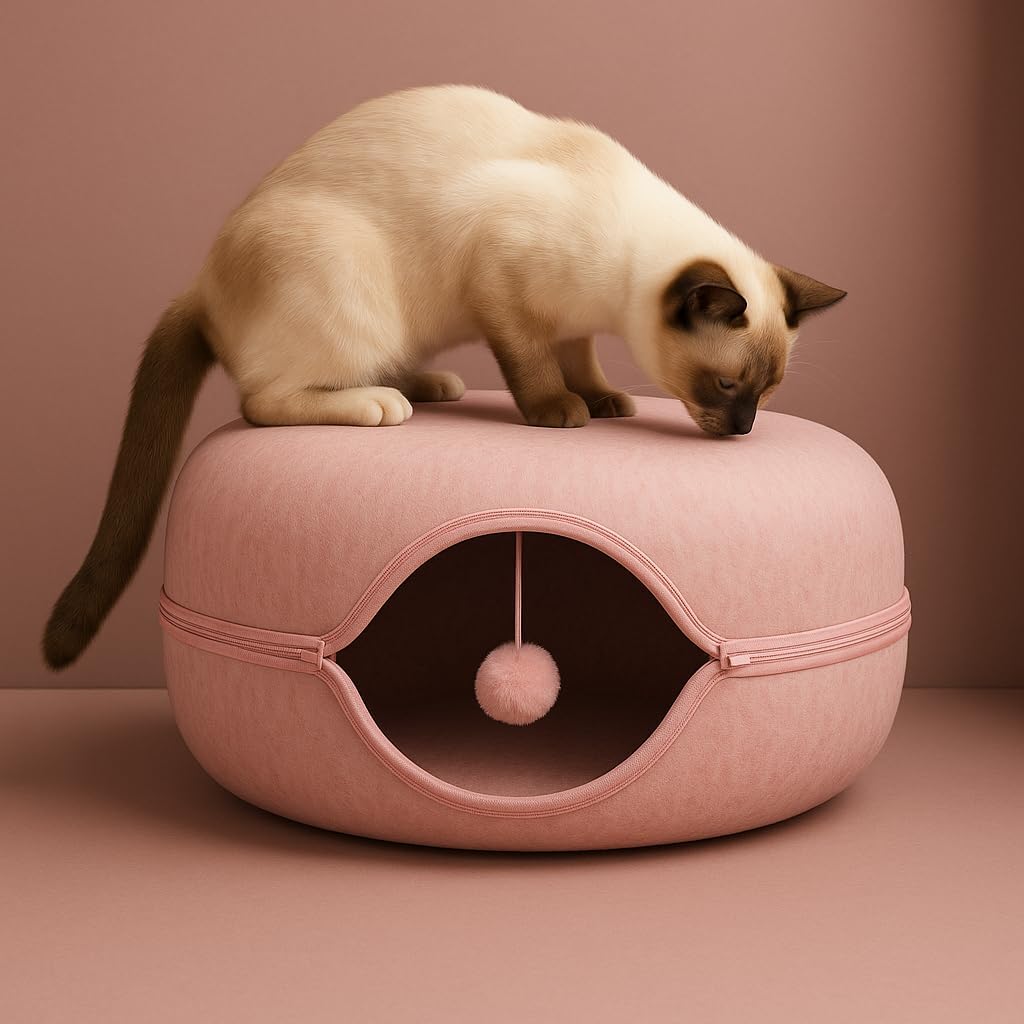 Okoco Cat Tunnel Bed for Indoor Cats Large, 24" Peekaboo Cat Cave Donut Bed for Pets up to 45lbs, 2-in-1 Round Tube with Hanging Ball Toy & Removable Machine Washable Parts (Pink)