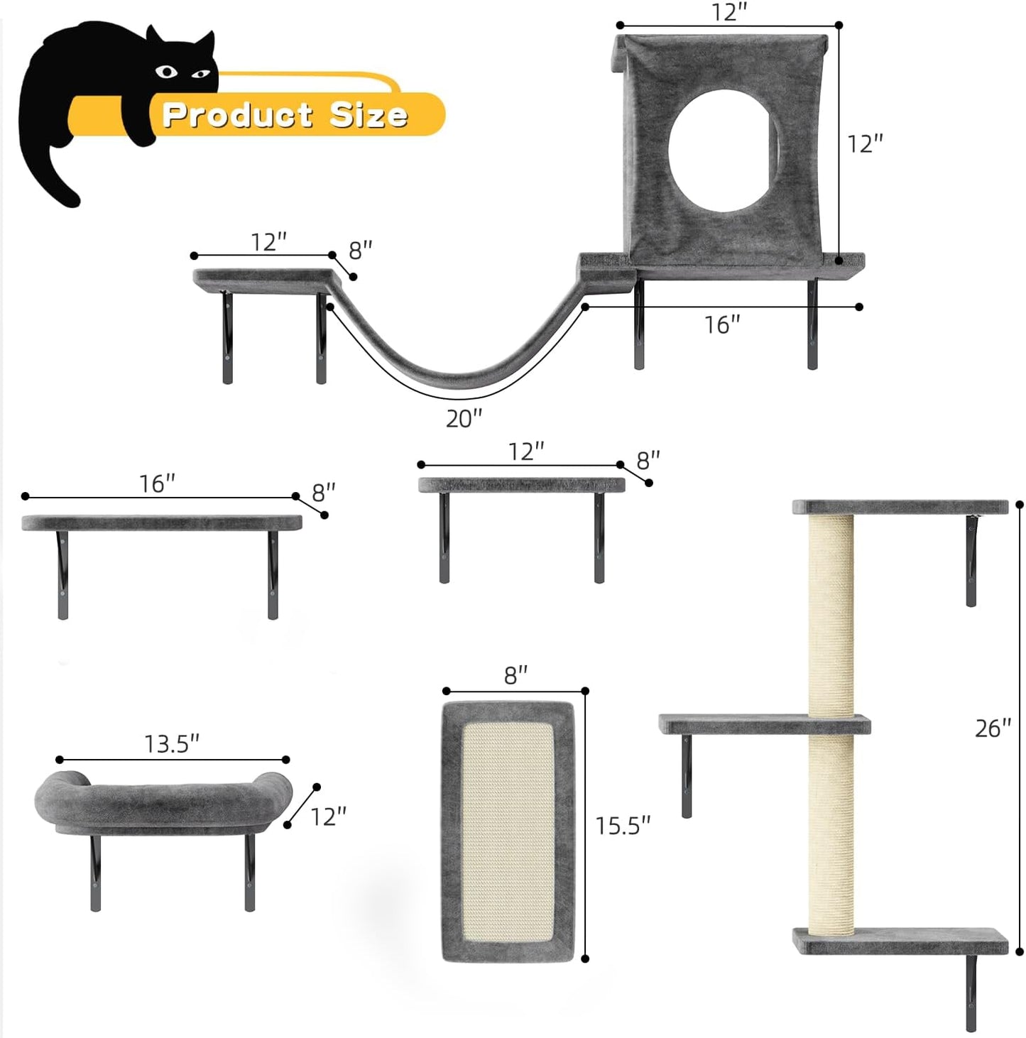 NUNU LAB Wall Mounted Cat Climber Set, 6 Pcs Cat Furniture Set with House, Bridge, Steps, Scratcher Board and Hammock, Shelves for Indoor, Luxury Walls Furniture(Dark Grey)