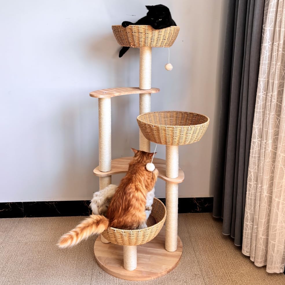 54" Large Modern Cat Trees, Luxury Rattan Oak Solid Wood Cat Trees Towers,3 Weaving Cat Nests & Washable Cool Cushions, Sisal Scratching Posts,Cat Condo for Indoor Cats- Wood Wax Oil Version