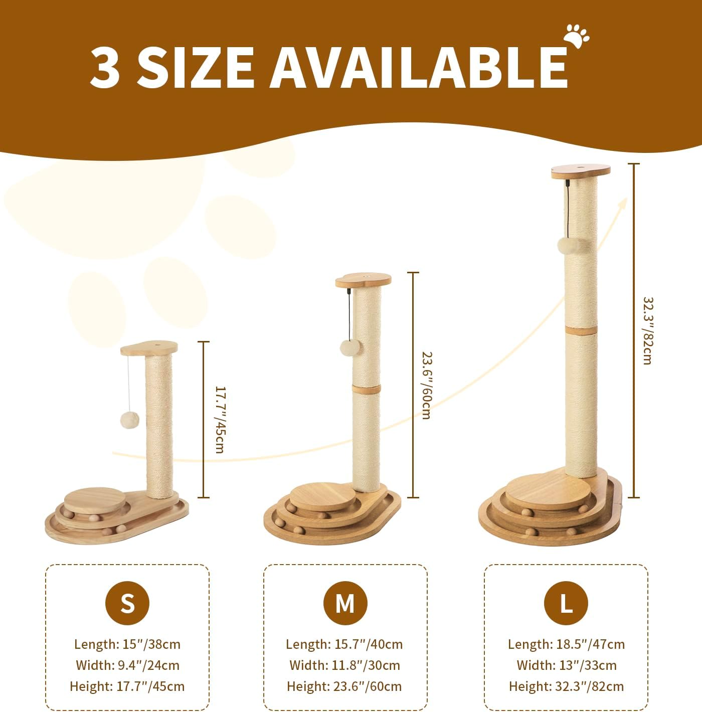 Made4Pets Cat Scratching Post Cat Scratcher Kitten Toys for Indoor Cats Wooden Ball Track Two-Layer Modern Sisal 32" Tall Scratch Post Interactive Toy with Dangling Ball Large Size