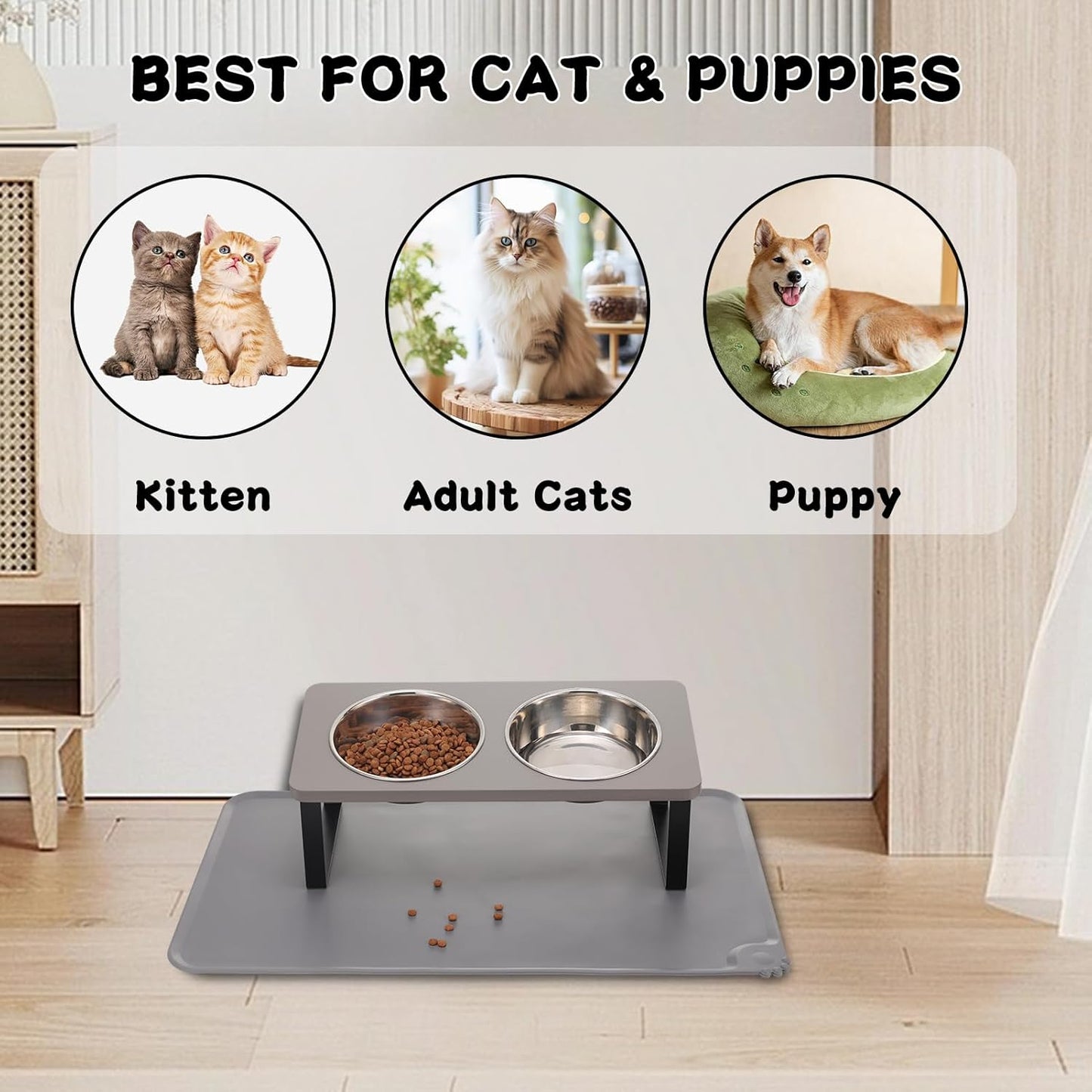 Upgraded Elevated Cat Bowls with Food Mat,15°Tilted Stand Anti Vomiting Raised Cat Dishes for Food and Water,2 Stainless Steel Bowls for Cats and Puppy(Gray)