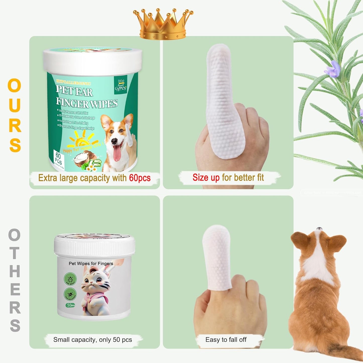 60 ct Pet Ear Finger Wipes for Dogs - Extra-Coverage and Large Design with Coconut Oil and Aloe Vera, Relieve Ear Itching and Inflammation, Remove Ear Wax and Debris, Soothing Cleansing Deodorizing