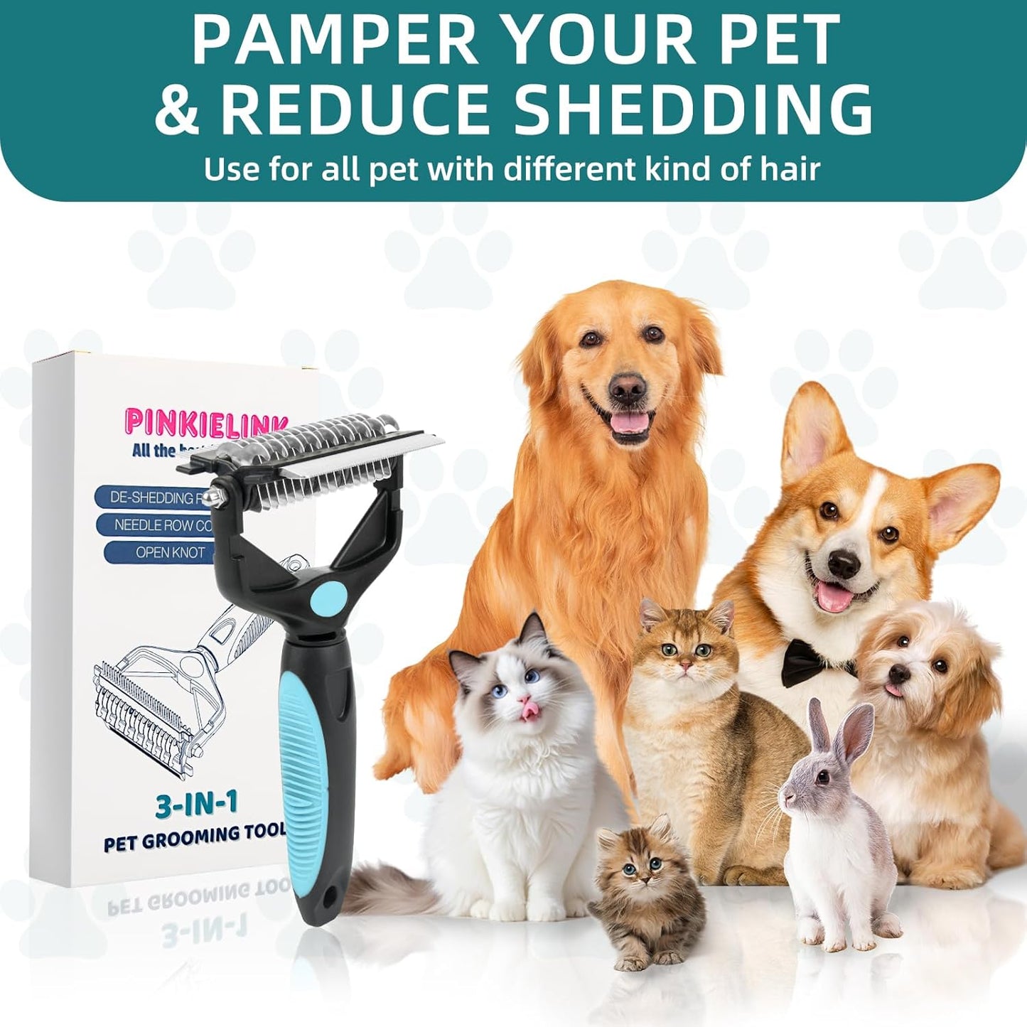 3-IN-1 Pet Grooming Tool - Undercoat Rake, Dematting Comb & Deshedding Brush for Cats & Dogs - Removes Mats, Tangles & Loose Fur, Reduces Shedding & Prevents Hair Mess (Blue)