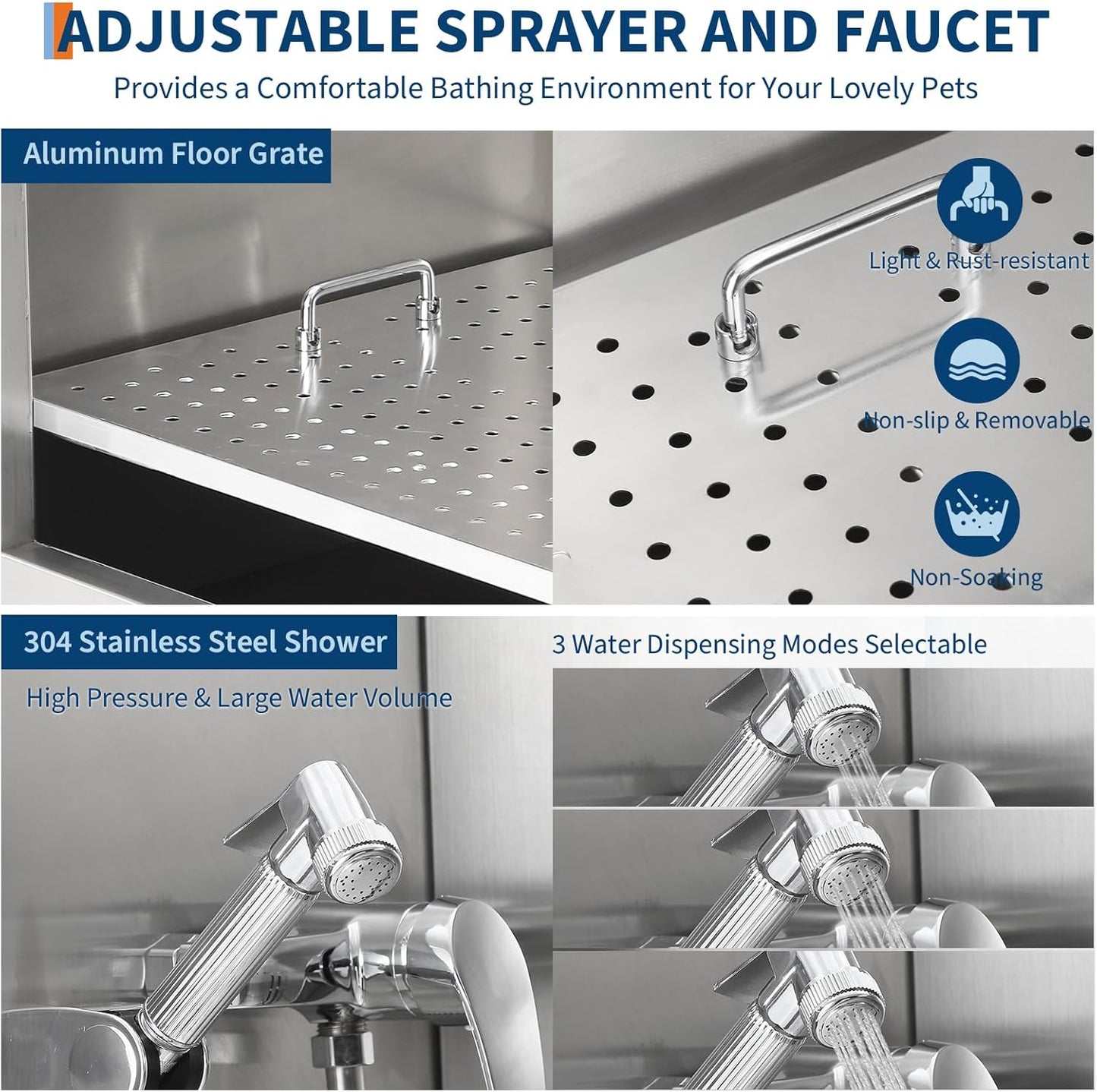 Stainless Steel Dog Washing Station - Dog Bath Tub for Large, Medium, Small Dogs, Pet Grooming Tub with Ramp, Non-Slip Grate, Shower, Soap Box, Faucet, Drain for Home & Outdoor (Left RAMP, 50")