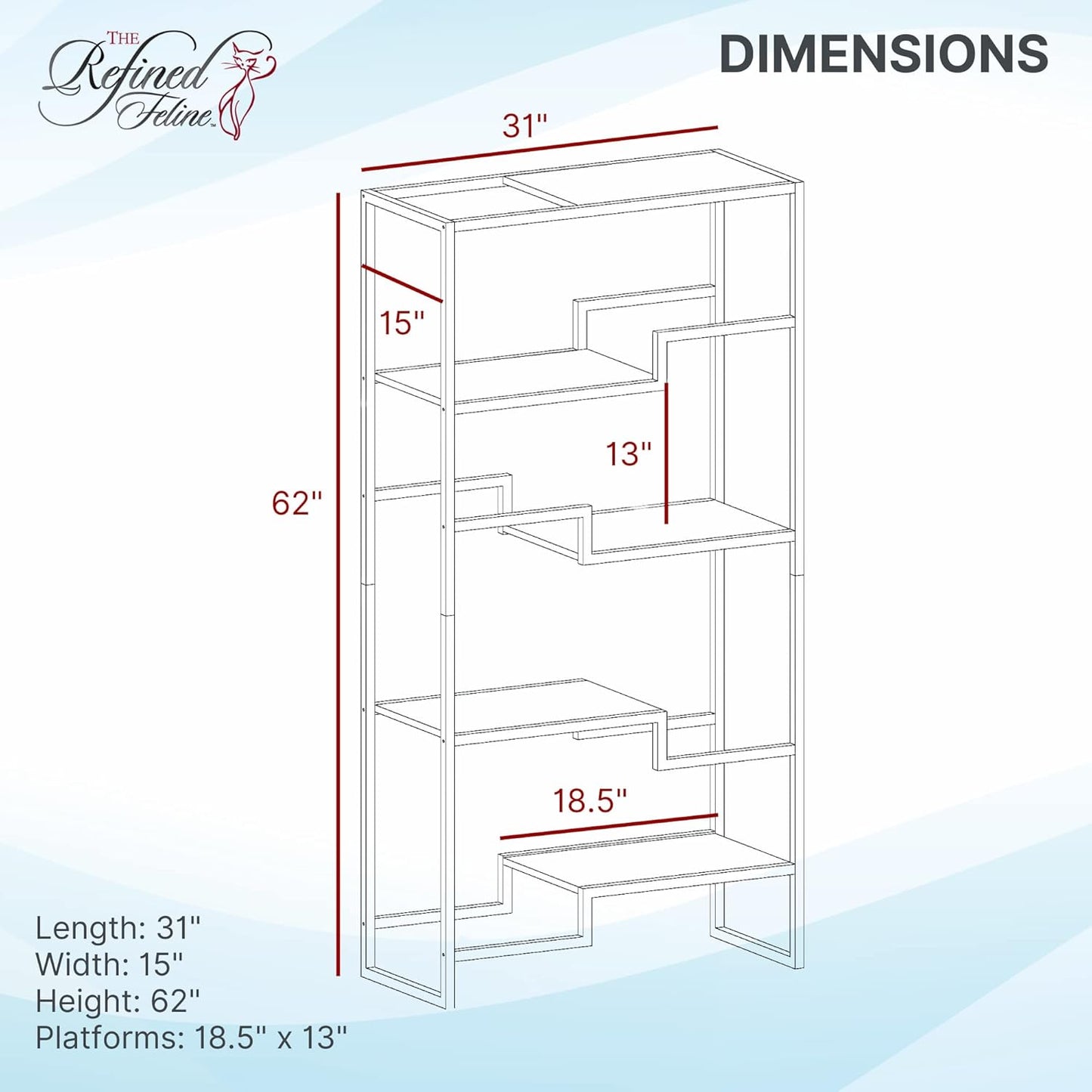 THE REFINED FELINE 62 Inch Tall Metropolitan Cat Condo, Gold Metal Frame Cat Tower, Multi-Level Modern Cat Tree for Indoor Cats, White Platforms with Faux Fur Replaceable Cushions