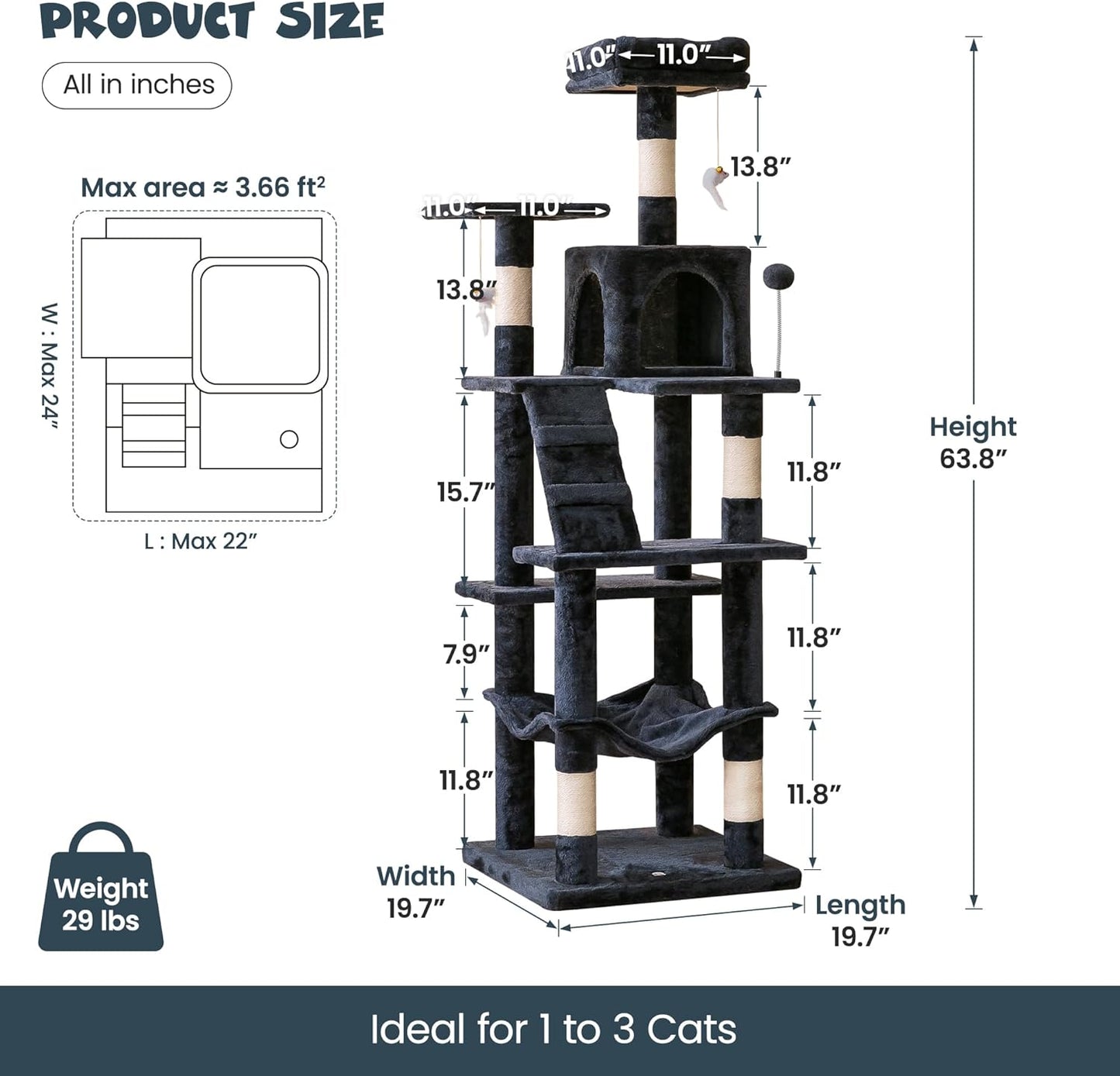 MWPO 63.8 inches Multi-Level Cat Tree for Large Cats with Sisal-Covered Scratching Posts, Padded Platform, Hammock and Condo,Stable Cat Tower Cat Condo Pet Play House-Smoky Gray