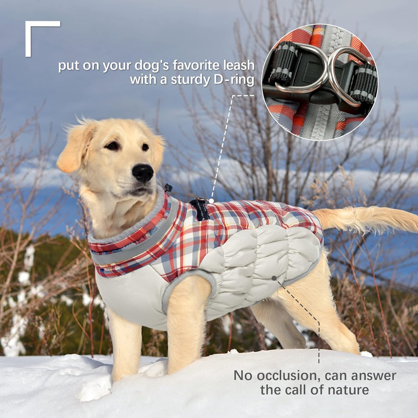 FUAMEY Dog Coat for Medium Dogs,Waterproof Dog Winter Jacket with Harness Built in Puppy Cold Weather Coats Reflective Pet Vest with Zipper Warm Fleece Dogs Snowsuit Windproof Red Plaid M