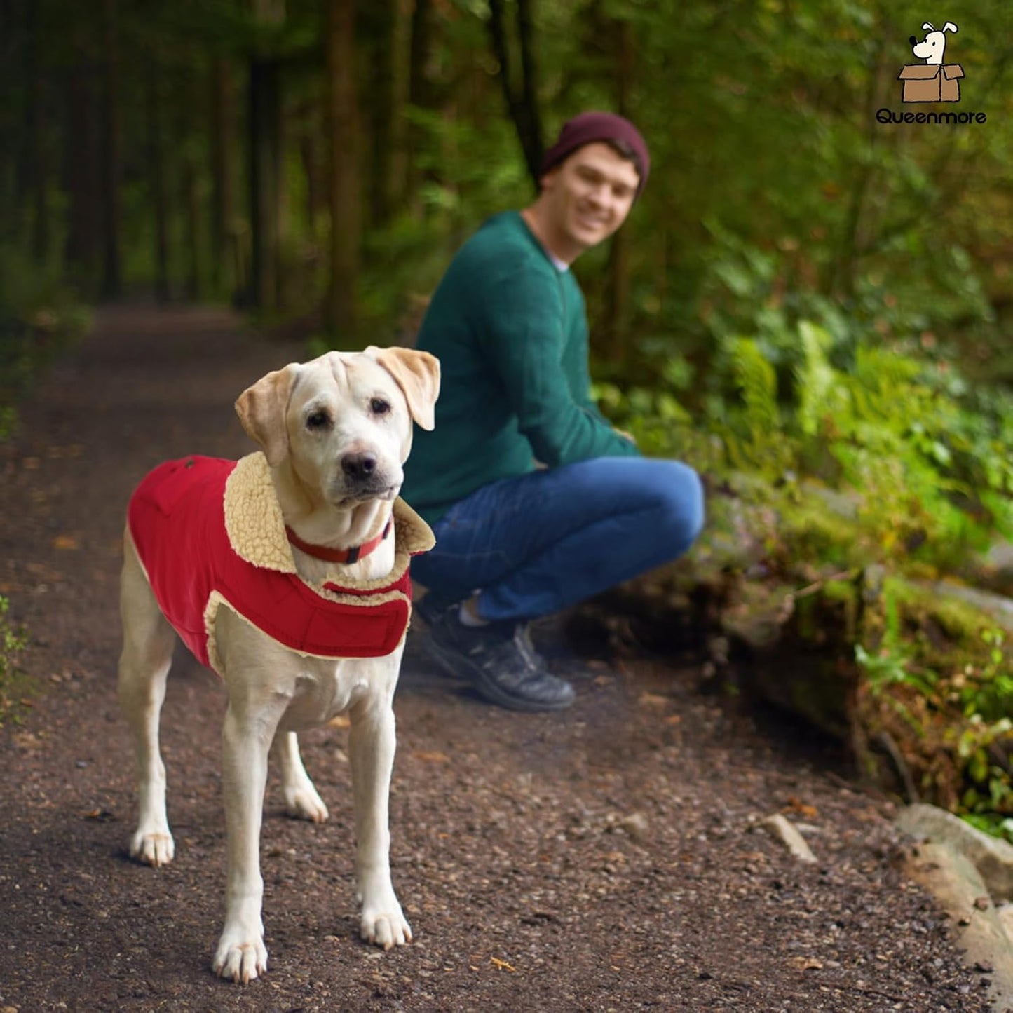 Queenmore Warm Dog Coat, Cold Weather Puffer Jacket with Ultra Thick Plush Lining and Storage Pockets (Red, Large)