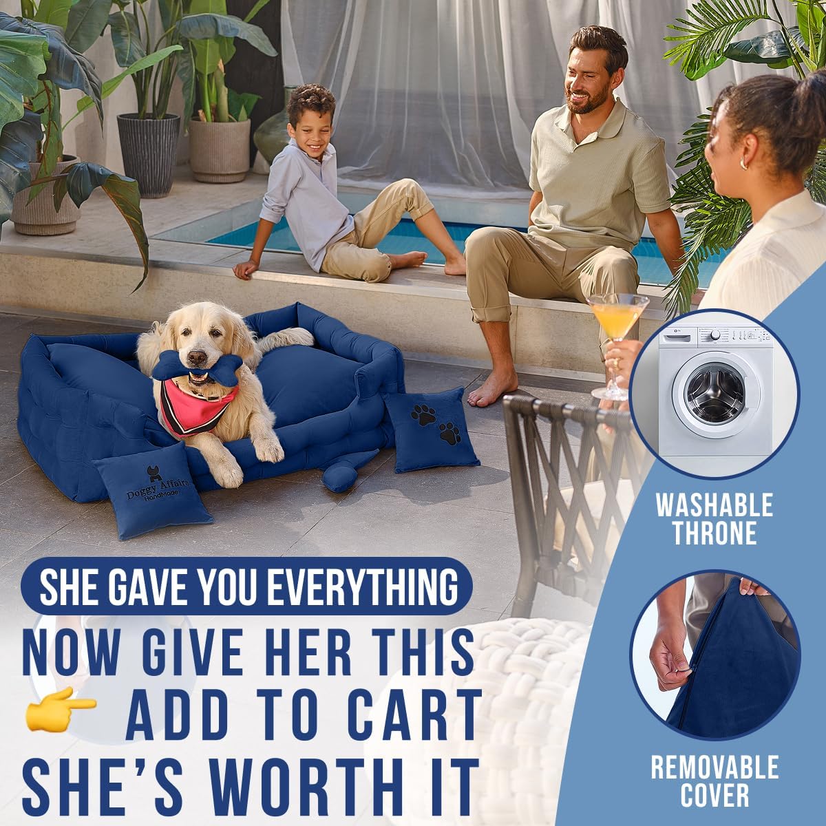 Luxury Dog Bed Chesterfield – Handcrafted Velvet Throne for Dogs | Joint Support, Calming & Temp-Regulating Comfort | Durable 5+ Years, Anti-Claw, Washable 100+ Times – XL, Blue