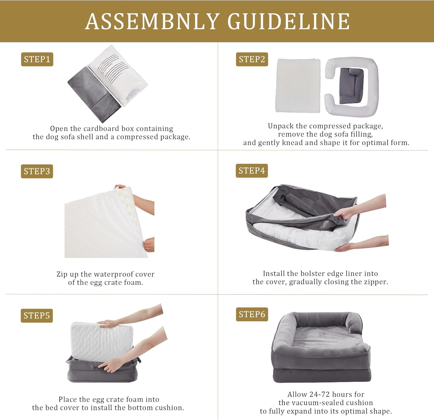 Bedfolks Orthopedic Dog Bed, Waterproof Dog Sofa Bed for Large Dogs, Egg Foam Pet Couch Bed with Removable Washable Cover and Nonslip Bottom, Dark Grey