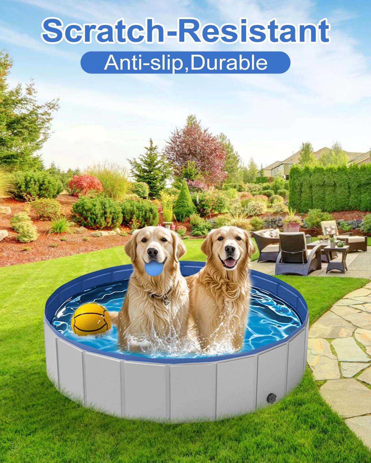 Dog Pool for Large Dogs,Foldable Plastic Pool for Dogs Slip-Resistant (XL - 87'' x 16'')