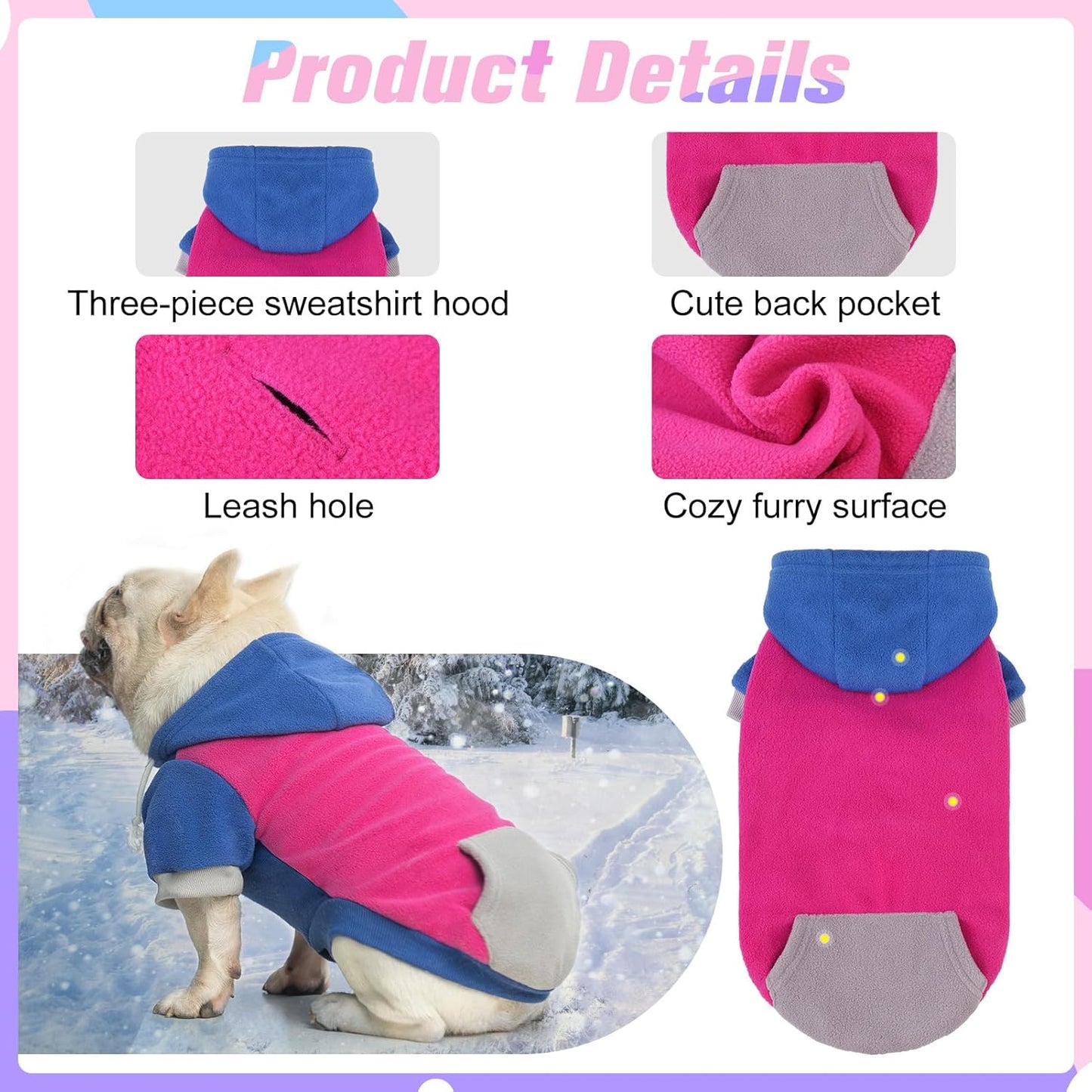 BEAUTYZOO Fleece Dog Hoodie Sweatershirt with Pocket and Leash Hole, Stretchy Small Medium Large Sized Dogs Clothes for Fall Winter Cold Days, Color Designer Warm Dog Jackets,French Bulldog Coats