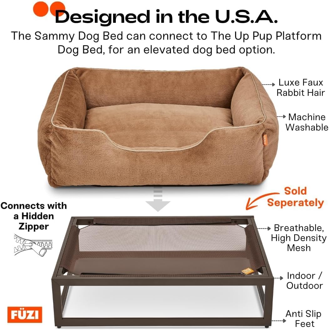 FUZI Luxury Dog Bed with Extra Cover for Small Dogs, Washable Pet Couch, Pet Bed with Sides, Non-Slip Bottom, Soft & Durable Calming Dog Bed, Faux Rabbit Fur, Small 25.1x16.75x9.5 Light Brown