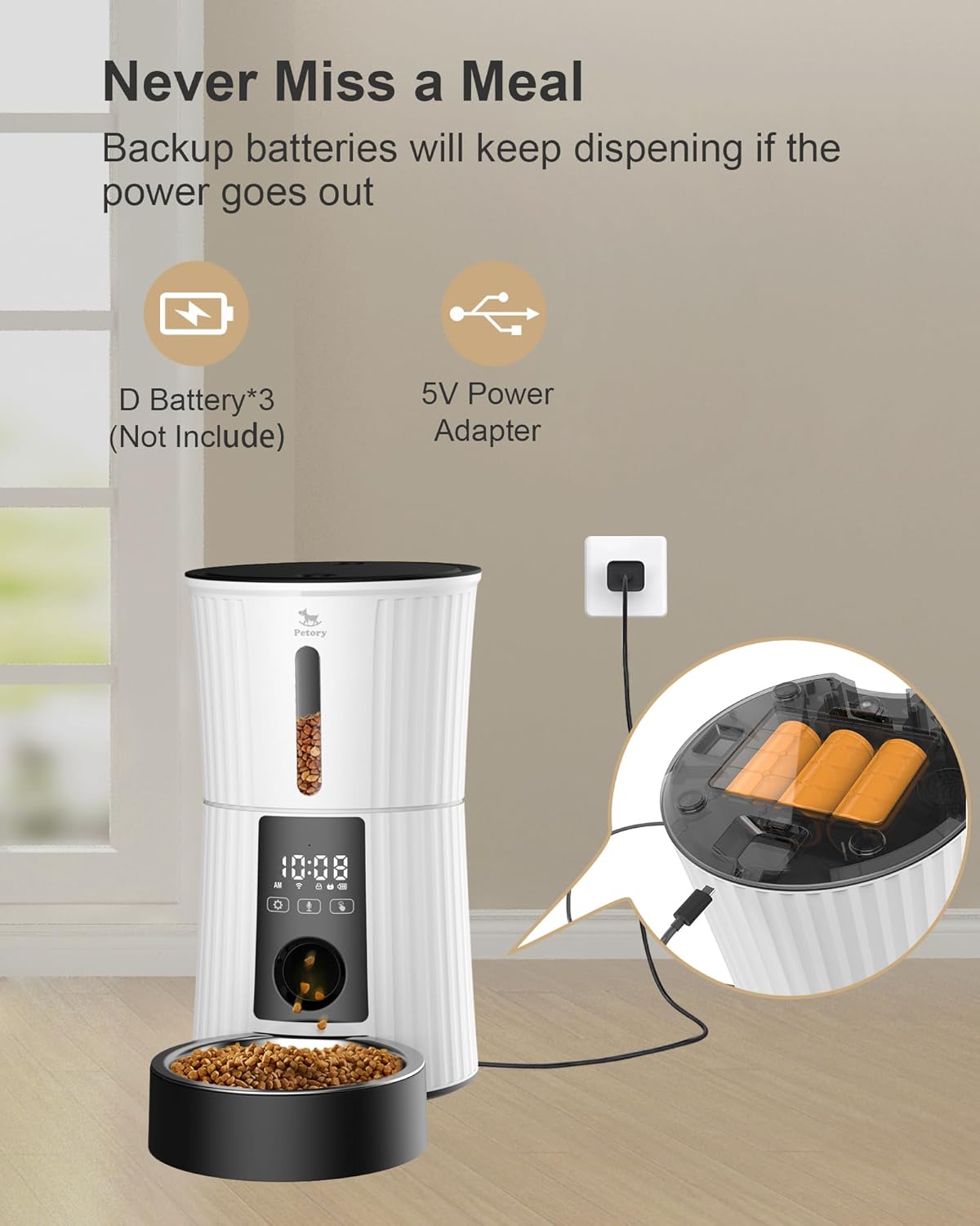 Petory Automatic Cat Feeders Wi-Fi - 4L Dry Food Dispenser for Cats and Dogs 10 Meals per Day Smart Pet Feeder with Desiccant Bag Dual Power Supply 10S Voice Recorder