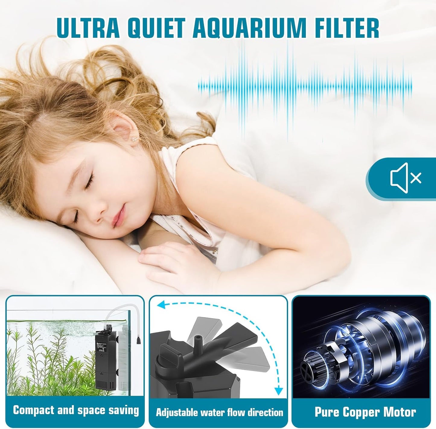 AQQA Submersible Aquarium Filter for 50-100Gal Fish Tank Whisper Fish Corner Filters with Adjustable Waterflow for Bio Filtration, Water Circulation and Oxygenation (12W,260GPH)