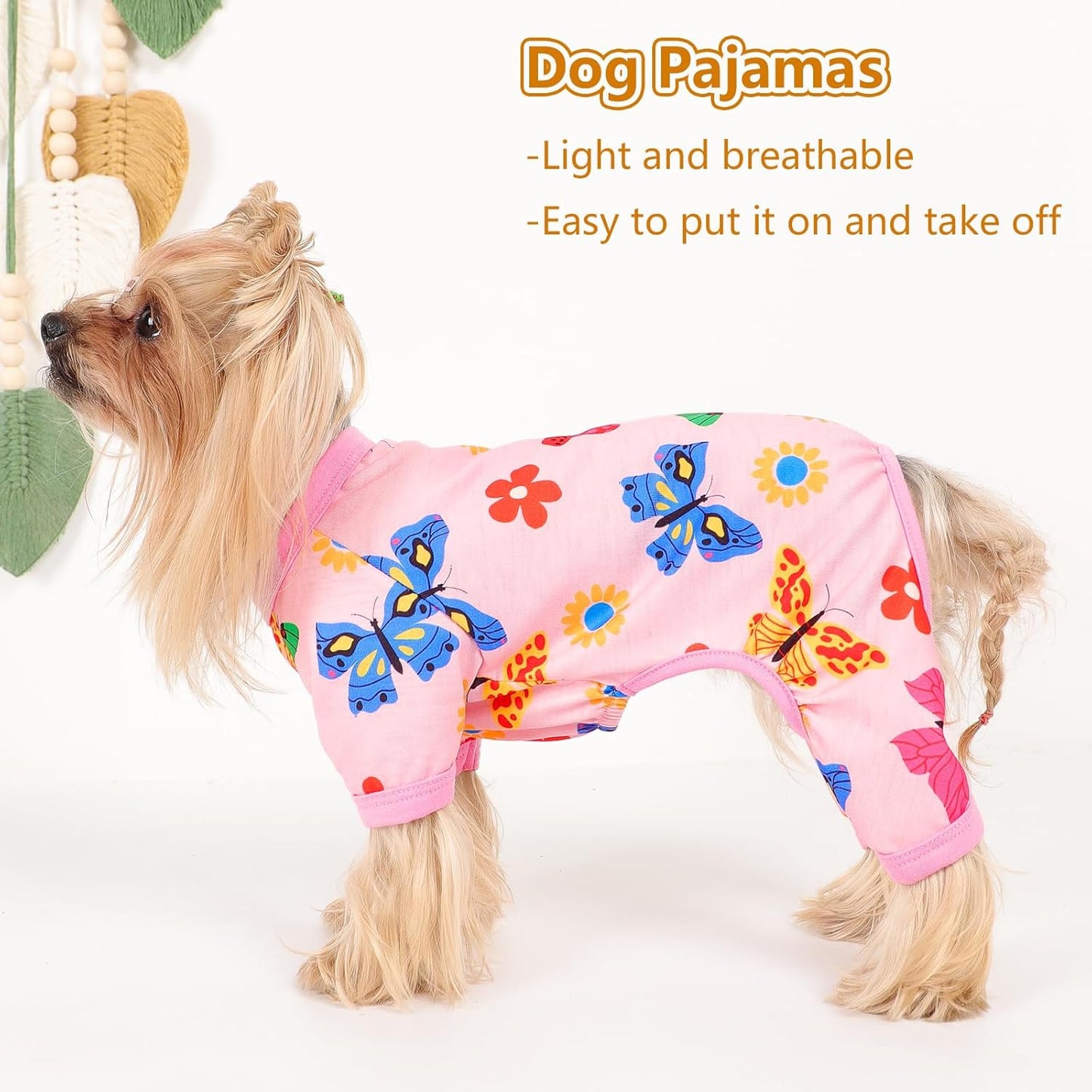 Dog Pajamas Small Sized Dogs Stretchable Summer Dog Clothes Pjs 4 Legs Girl Boy Cute Soft Puppy Outfits Doggie Cat Jammies Jumpsuit Sleeper for Pet, Butterfly, L