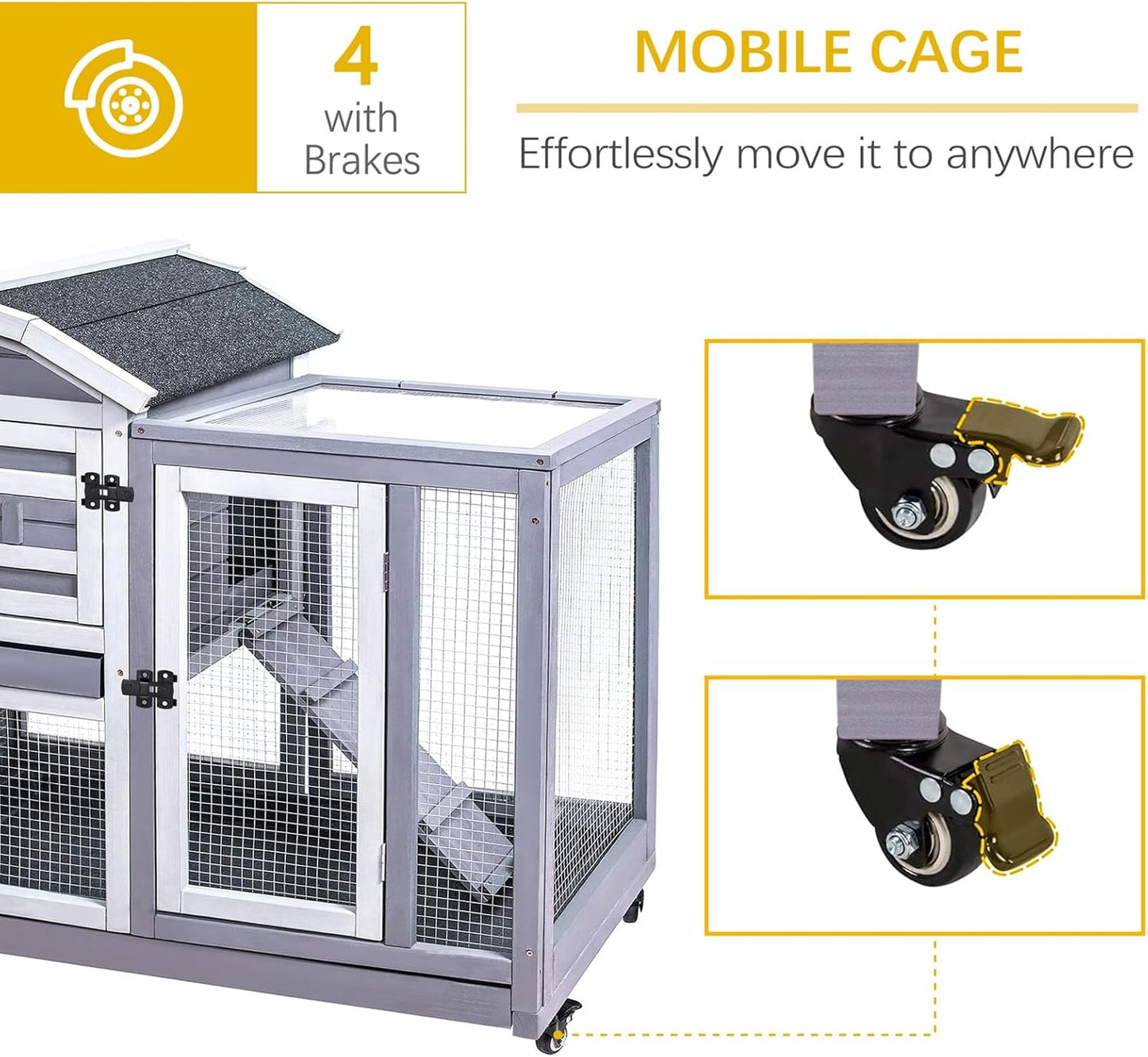 GEGURI Rabbit Hutch Indoor Rabbit Cage Outdoor, Wooden Bunny Cages for Guinea Pig with Wheels, Removable Tray, Ramp