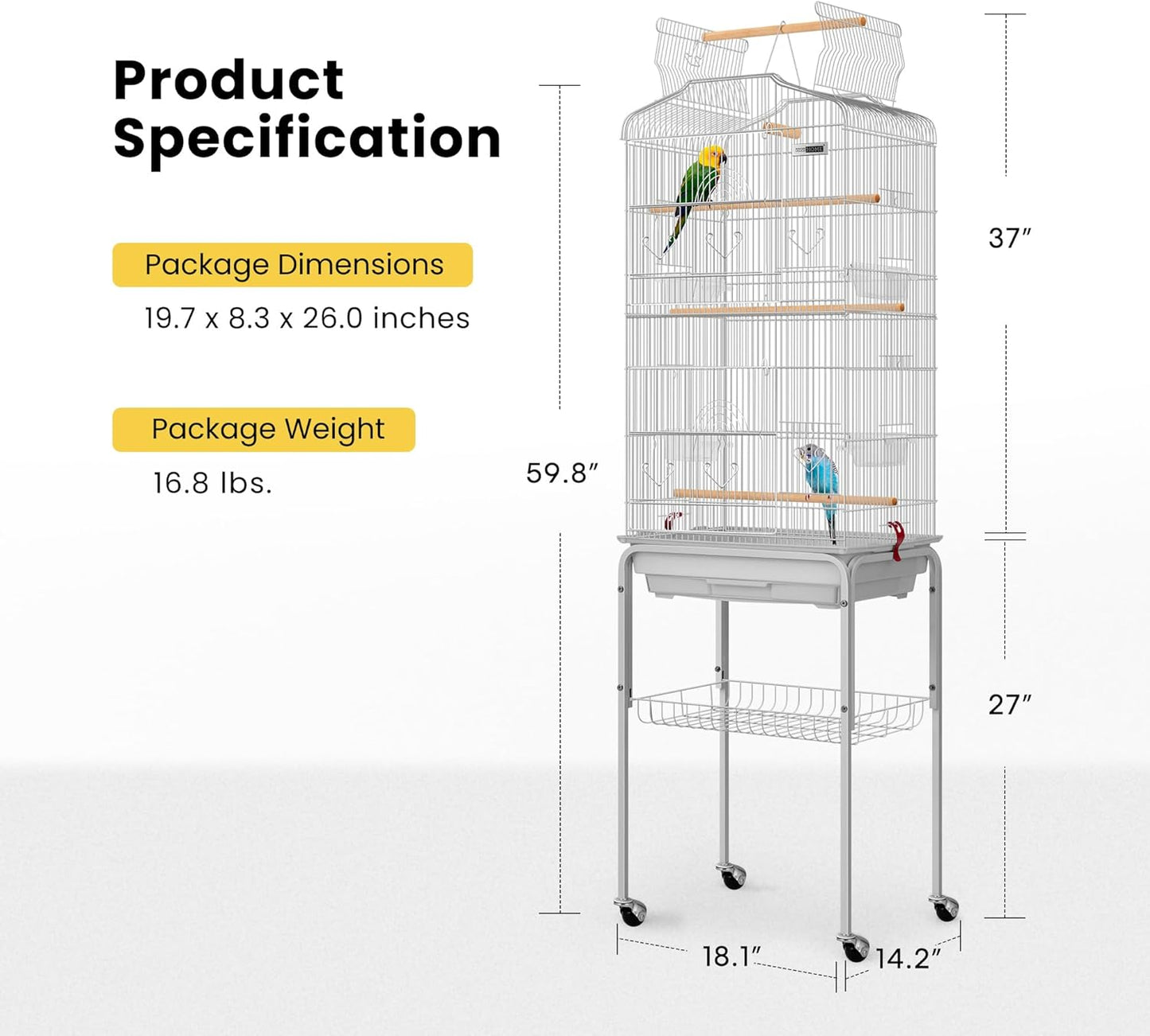 VIVOHOME 64 Inch Bird Cage with Play Top and Rolling Stand for Parrots Conures Lovebird Cockatiel Parakeets Gray