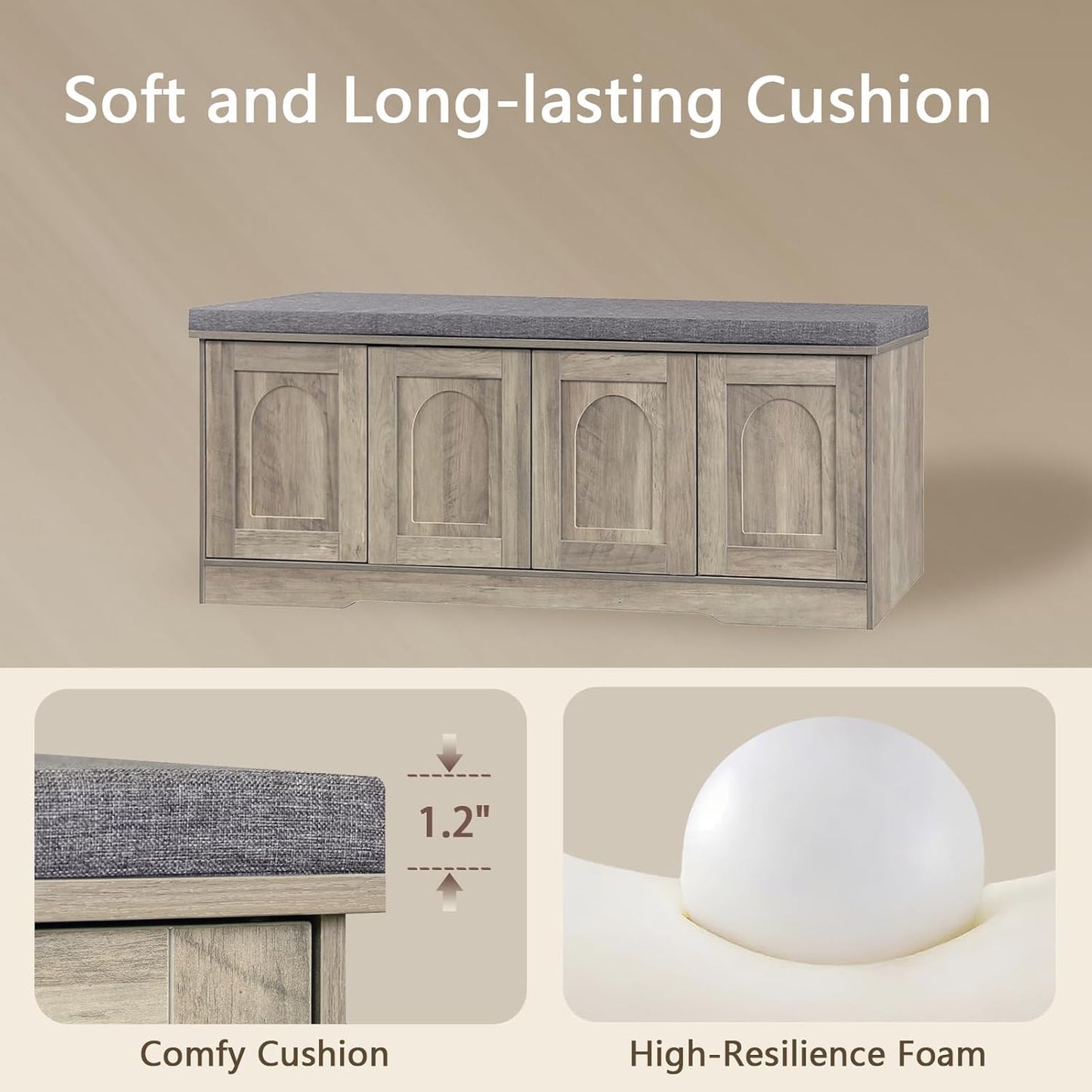 DINZI LVJ Shoe Bench, Entryway Storage Bench with Doors, Cushion, 2-Tier Shoe Rack with 8-Cubby, 47.2”L x 13.8”W Shoe Organizer Cabinet, Adjustable Shelf, Living Room, Bedroom, Gray Wash