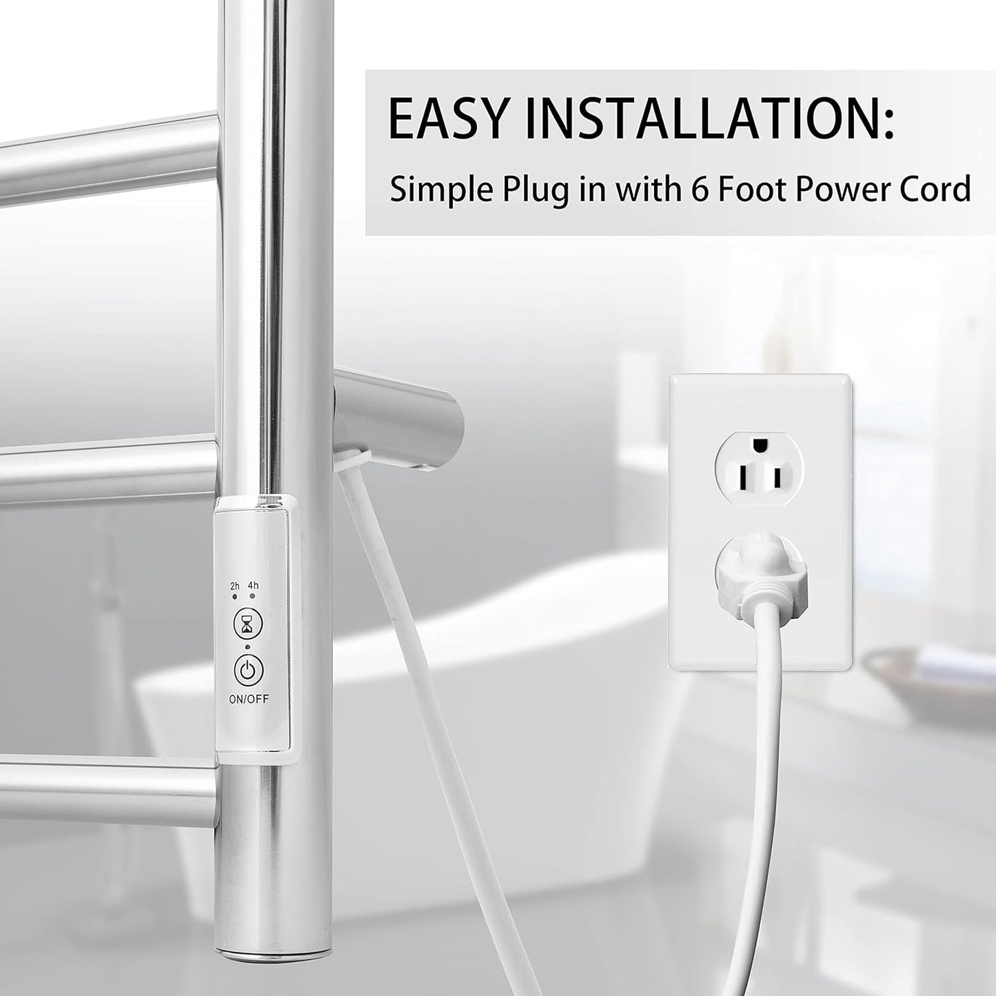 KEG Towel Warmer Wall Mounted with Built-in Timer 4 Bars Electric Stainless Steel Heated Towel Racks for Bathroom, Hot Plug-in Bath Towel Heater Polish Chrome