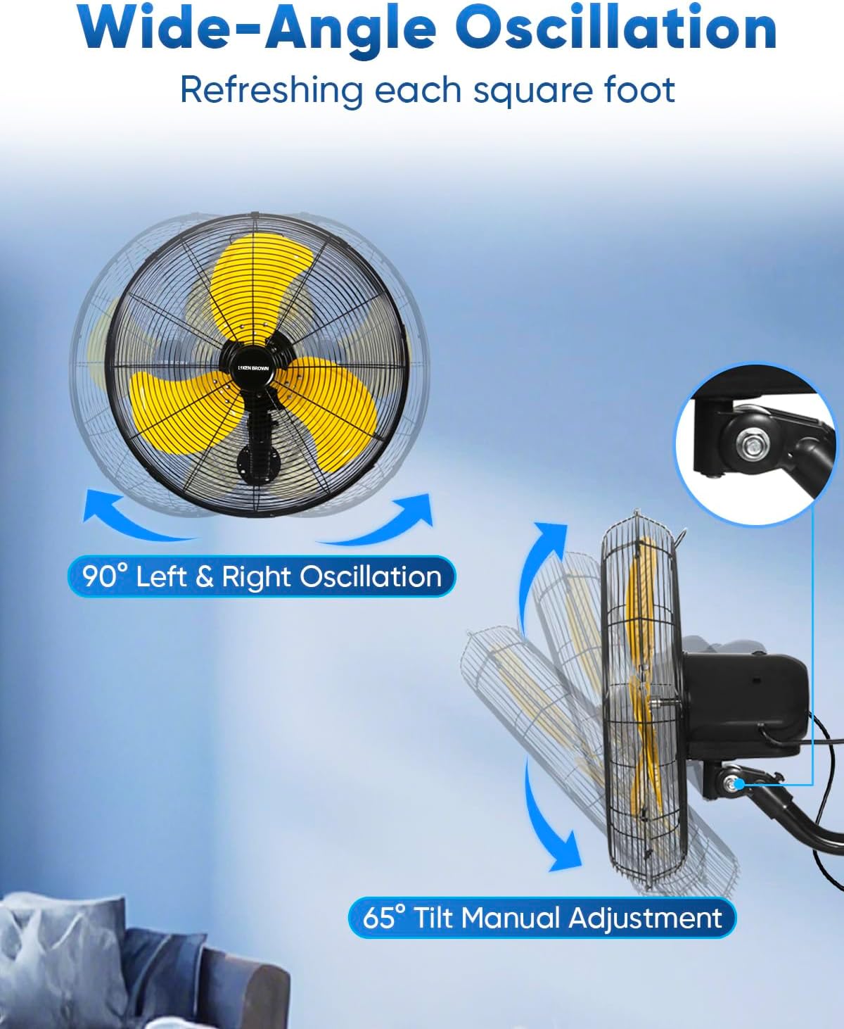 KEN BROWN 20 Inch Oscillating Wall Mount Fan, 4,460 CFM High Velocity Industrial Wall Fan for Indoor, Commercial, Residential, Warehouse, Greenhouse, Workshop, Basemen