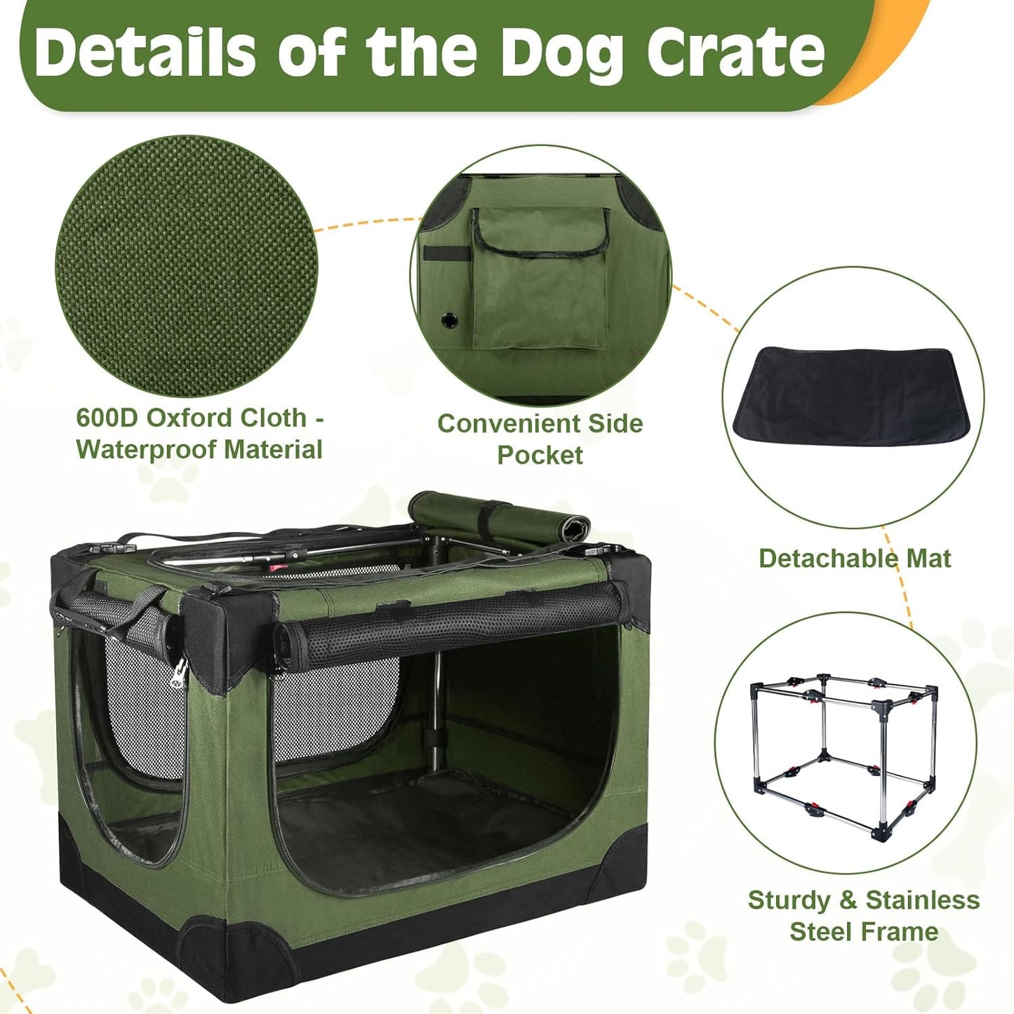 24" Small Dog Crate,Portable Crate for Small Dogs, Portable Travel Pet Crates,Soft Dog Crate Collapsible Dogs Crate,with 4 Mesh Doors, Foldable Car Kennel for Puppy with Handle for Outdoor - Green