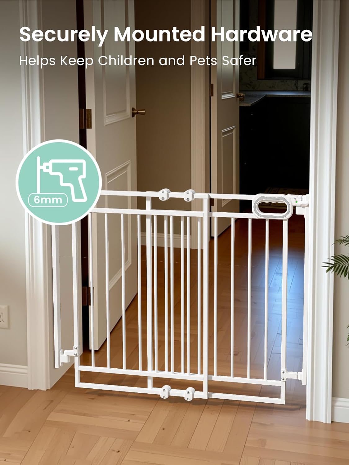 Grownsy Baby Gate for Stairs- No Bottom Bar, Adjustable Width 32โ to 48โ for Child and Pet, Dog Gate with Auto-Close & One-Hand Operation, Screw-in Installation for Doorways and Indoor Use