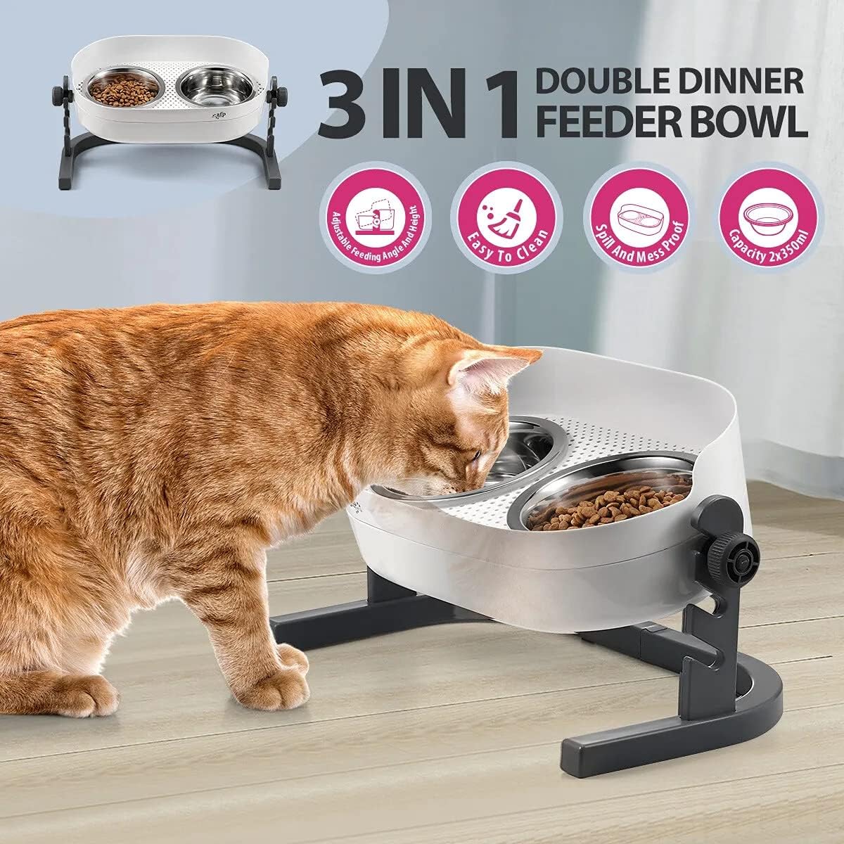 All for Paws Height Adjustable Cat Elevated Bowls Stainless Steel Dog Food Water Bowls, Height Adjustable Cat Feeder Mess Proof Pet Feeding Bowls for Small to Large Size Cats