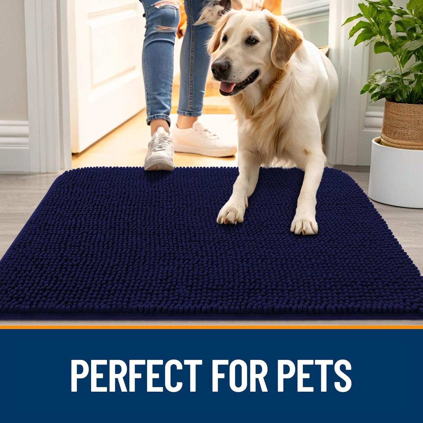 OLANLY Dog Door Mat for Muddy Paws 59x24, Absorbs Moisture and Dirt, Absorbent Non-Slip Washable Doormat, Quick Dry Chenille Mud Mat for Dogs, Entry Indoor Entryway Carpet for Inside Floor, Navy Blue