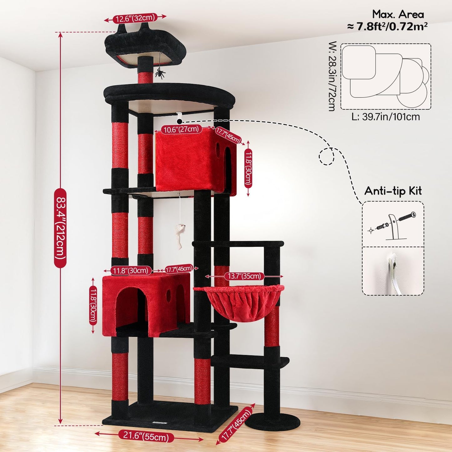 Globlazer Gohtic Giant Cat Tree, 83 inch Goth Cat Tree for Indoor Cats Large Adult, XXL Cat Tower with 9 Scratching Posts for 20lb+ Heavy Duty Large Adult Cats, F83, Blood-Goth