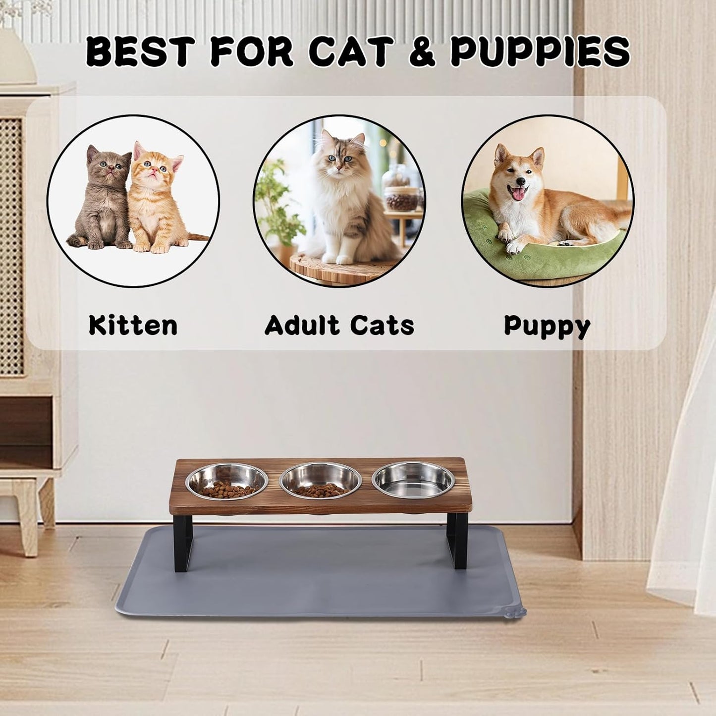 Upgraded Elevated Cat Bowls with Food Mat,15°Tilted Stand Anti Vomiting Raised Cat Dishes for Food and Water,3 Stainless Steel Bowls for Cats and Puppy(Rustic Brown)