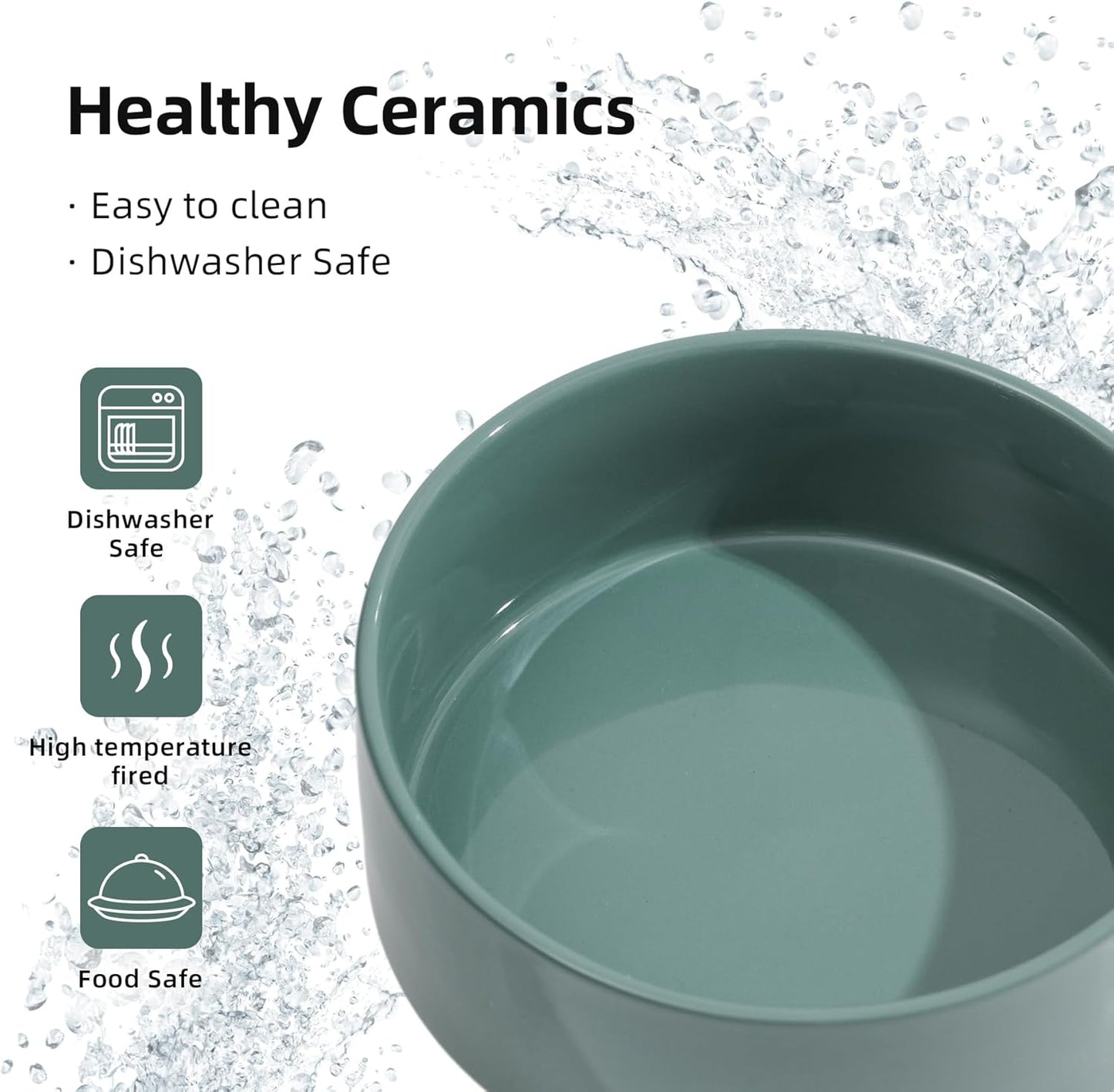 Ceramic Elevated Cat Food and Water Bowl, Kitty Bowl, Raised Cat Dish, Pet Feeder (5.1 in, 2 x Dark Green + Stand)