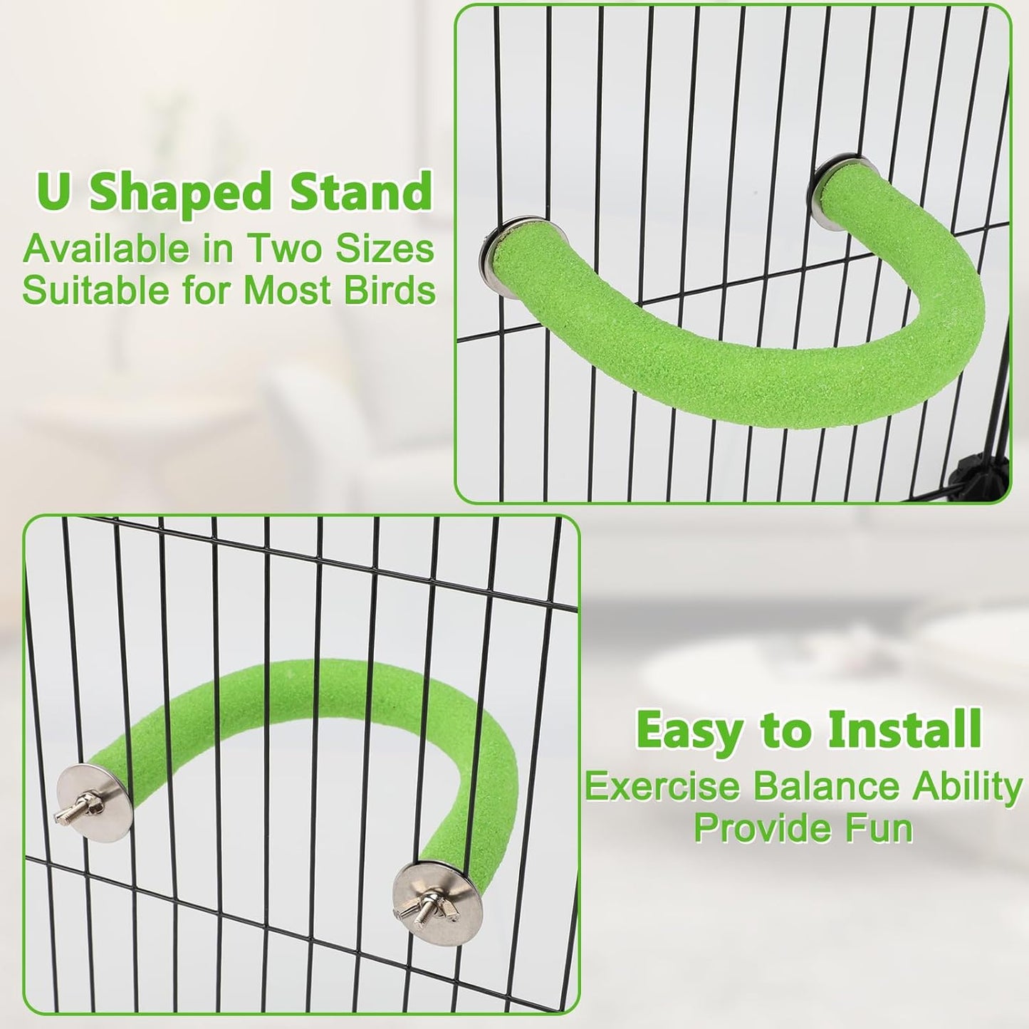 Rypet U Shape Parrot Perch Stand Toy for Paw Grinding Clean Stick Exercise, Rough-Surfaced Quartz Bird Perch Standing Cage Accessories for for Small Parakeets Cockatiels Conures Macaws Finches(Green)