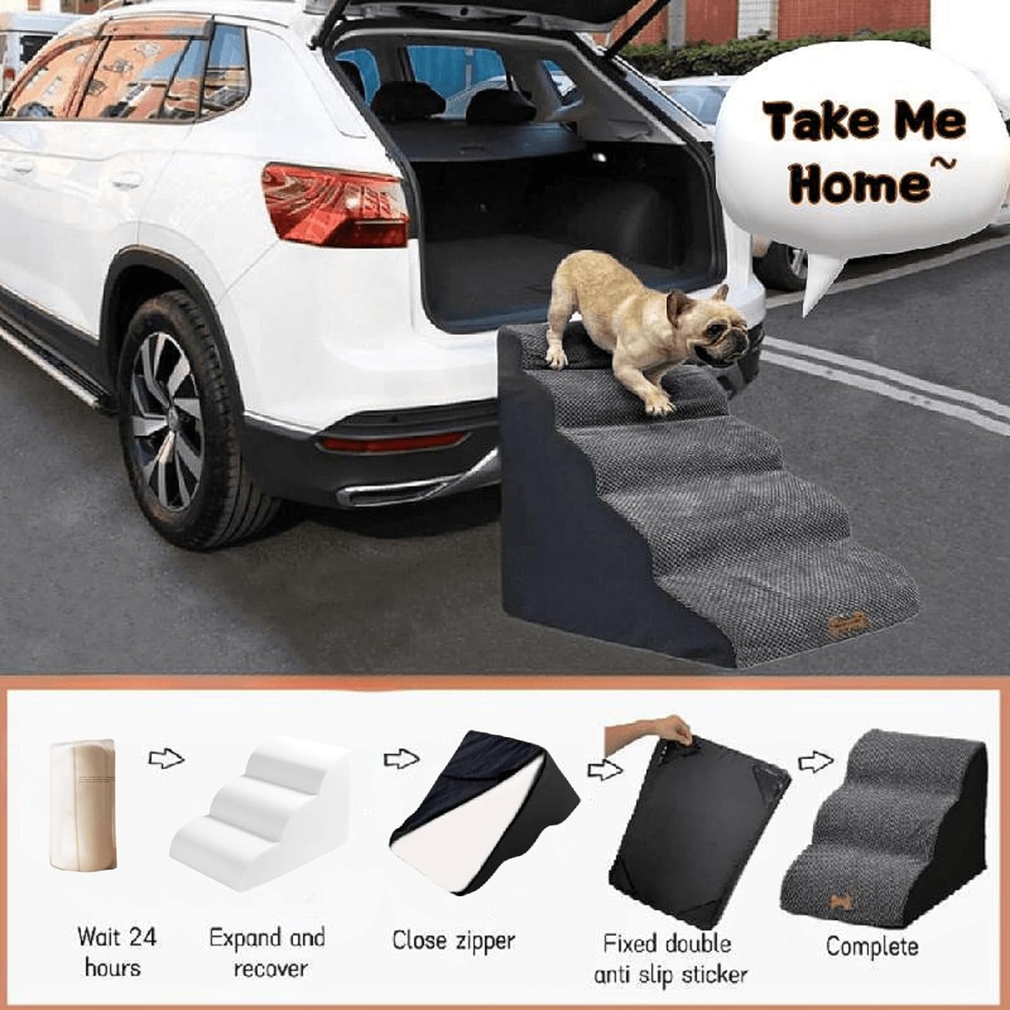 5-Step Dog Stairs for 30 Inch High Beds & 20-30 Inch Couch Bed, Non-Slip Balanced Indoor Pet Ramp Stairs for Small Old Large Dogs Cats to Get on Bed 30D