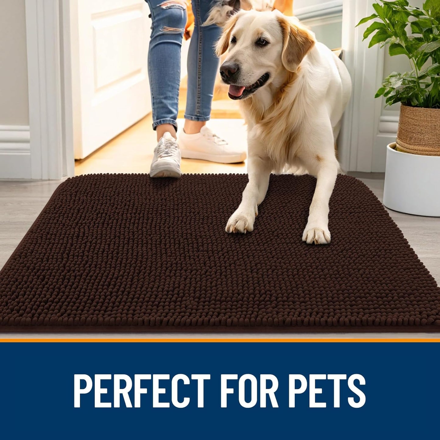 OLANLY Dog Door Mat for Muddy Paws 47x20, Absorbs Moisture and Dirt, Absorbent Non-Slip Washable Doormat, Quick Dry Chenille Mud Mat for Dogs, Entry Indoor Entryway Carpet for Inside Floor, Brown