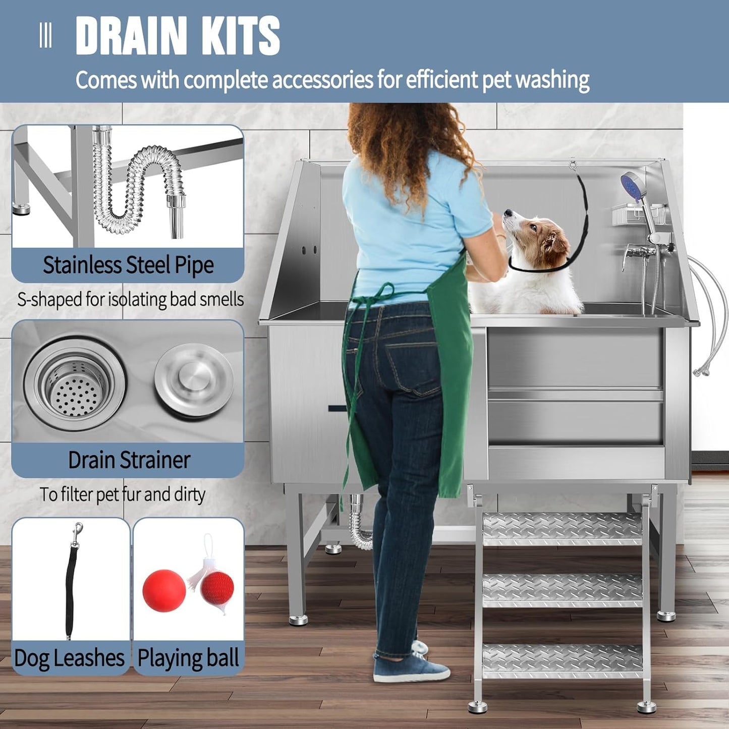 50" Dog Bathing Station, Professional Dog Washing Station Stainless Steel Dog Grooming Tub for Home,Equipped with Three Anti-Slip Steps, Removable Door, Pet Wash Station for Pet (50" Right ramp)