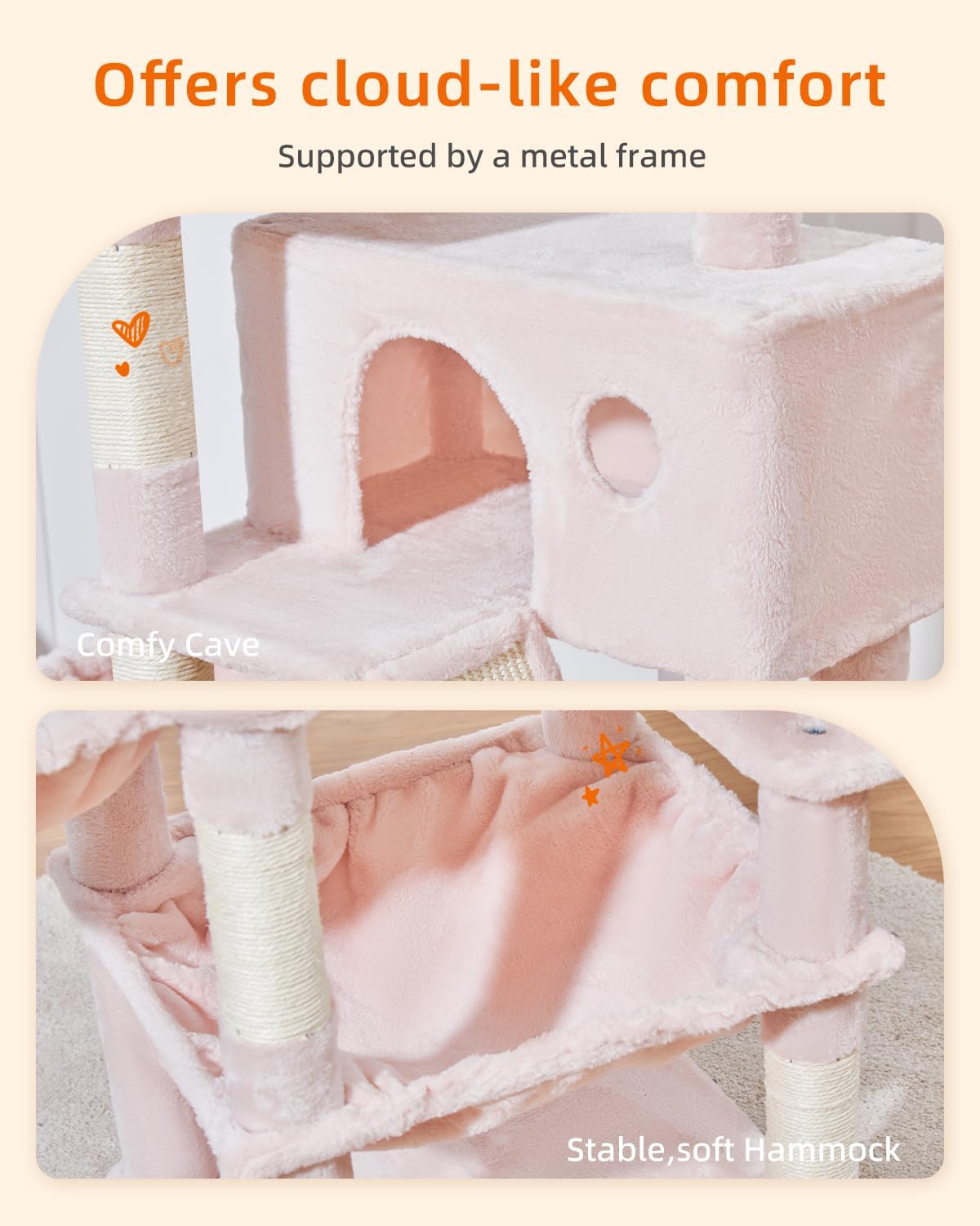 Taoqimiao Cat Tree 57.5-Inch, Cat Tower for Indoor Cats Large Adult, Extra Large Cat Condo, 8 Sisal Scratching Posts, Metal Frame Cozy Hammock, Durable Scratch Board, 2 Top Perches, Jelly Pink MS026P