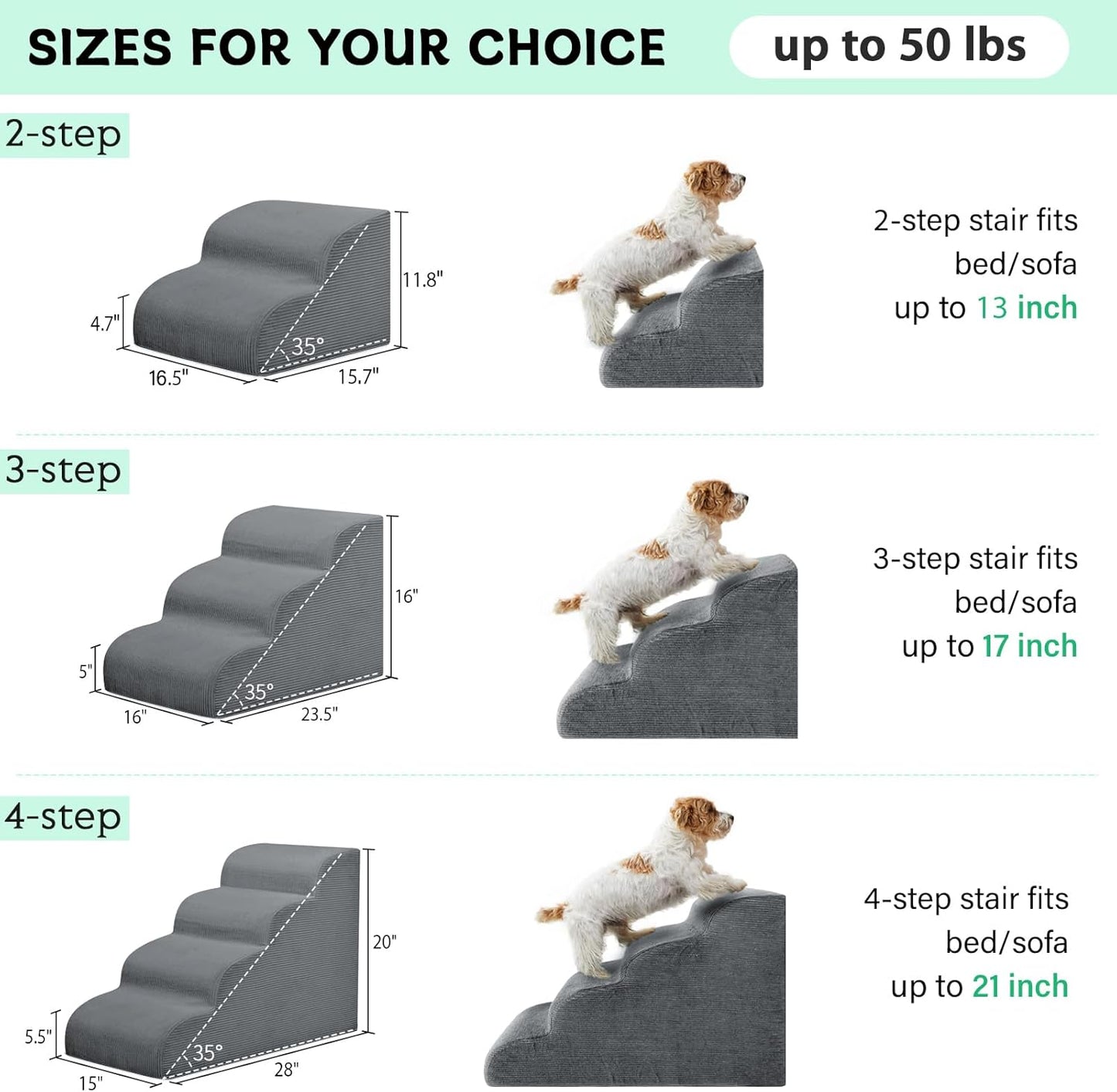 Dog Stairs & Steps for High Beds, 3 Steps High Density Foam Waterproof Dog Ramp for Small Dogs and Cats, Pet Stairs with Removable Washable Cover for Bed, Couch, Sofa and Car (H:16")