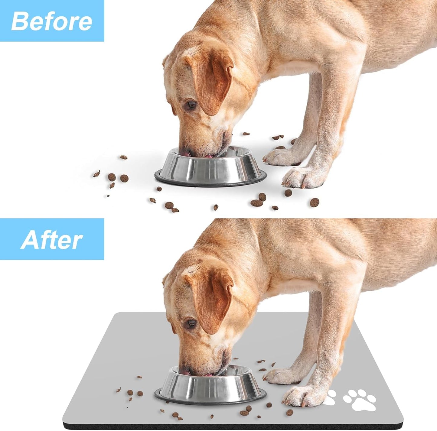 Rnivvi Dog Food Mat, 16" x 24" Footprint Absorbent Dog Cat Bowl Mat for Food and Water, Cute Anti-Slip Rubber Pet Feeding Rug Protect Floors, Puppy Placemat for Feeding & Watering Supplies, Gray
