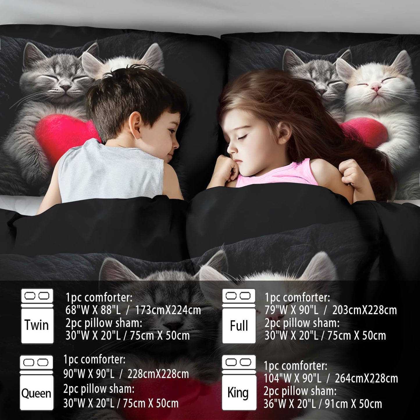 Cute Cat Comforter Set Full,Kawaii Cat Bedding Set for Girls,Cute Animal Comforter Red Love Heart Bedding Decor,Kawaii Farm Animal Quilt Patterns Kids and Adults