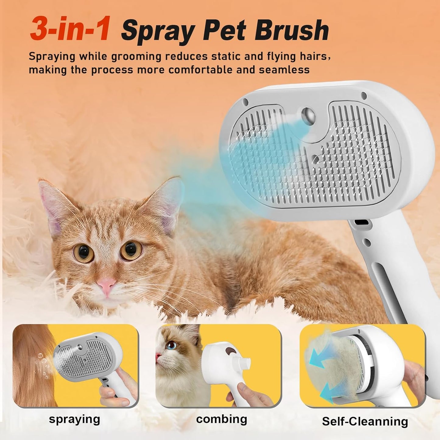 Dog Steam Brush 3 in 1 Cat Brush with Steam and Release Button Grooming Tool for Indoor Pets Dogs Hair Removal Shedding Water for Small Animals Long Short Haired(WHITE)