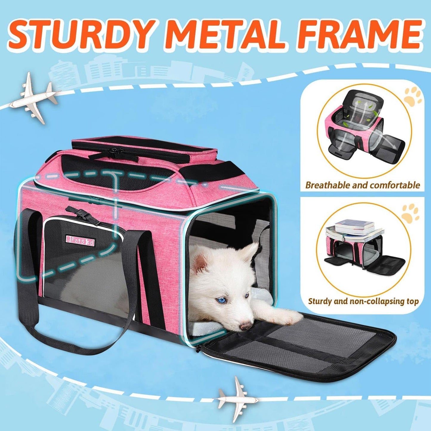Petskd Top-Expandable Pet Carrier 17x12x8.5 Inches JetBlue Allegiant Spirit Airline Approved, Soft-Sided Carrier for Small Cats and Dogs with Locking Safety Zippers and Anti-Scratch Mesh(Pink)