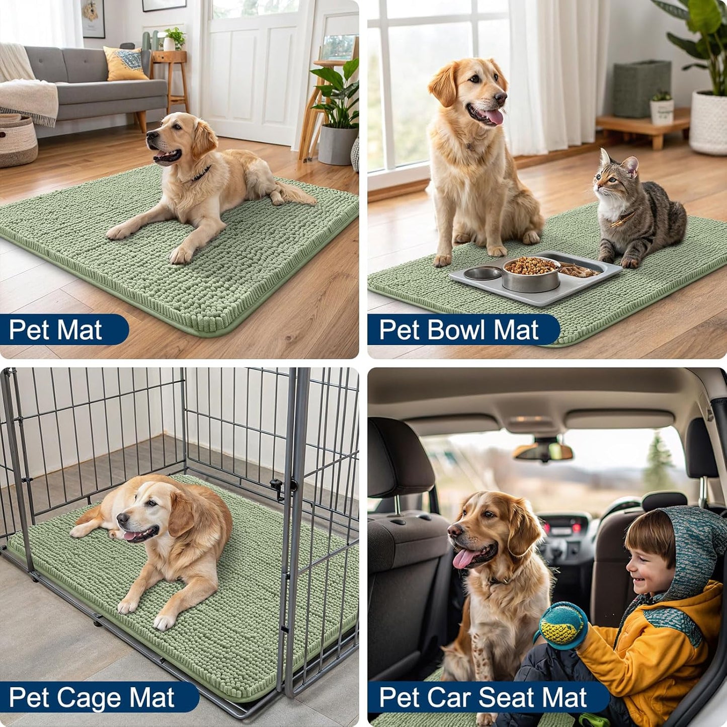 Smiry Dog Door Mat for Muddy Paws 30x20, Absorbs Moisture and Dirt Doormat, Non-Slip Washable Quick Dry Chenille Front Door Mat Indoor Entrance, Entryway Carpet for Inside Floor, Sage Green