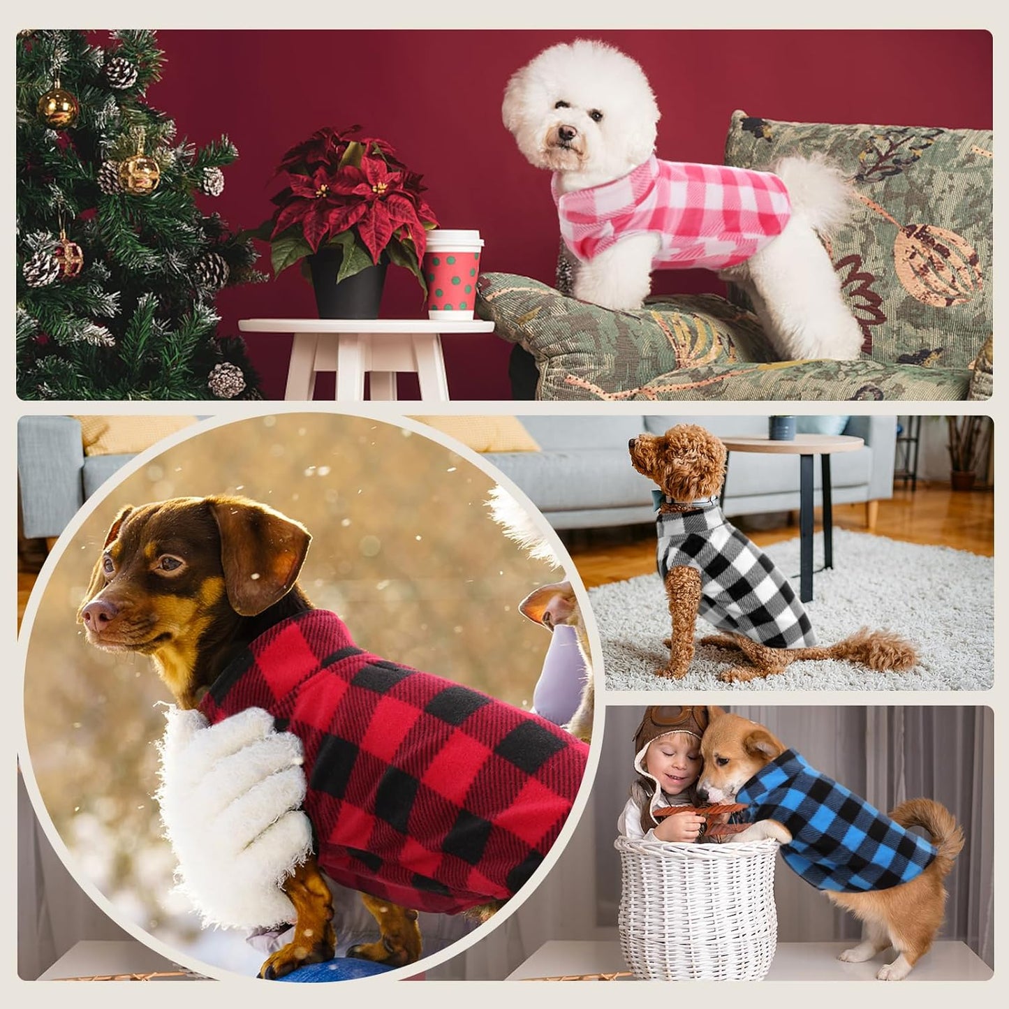 Kuoser Dog Fleece Vest,Warm Plaid Dog Sweater with Leash Hole,Soft Turtleneck Winter Pet Jacket Dogs Coat Pullover Clothes for Small Medium Dogs Cats,Spring Fall Cold Weather Christmas Outfit,Pink XXS