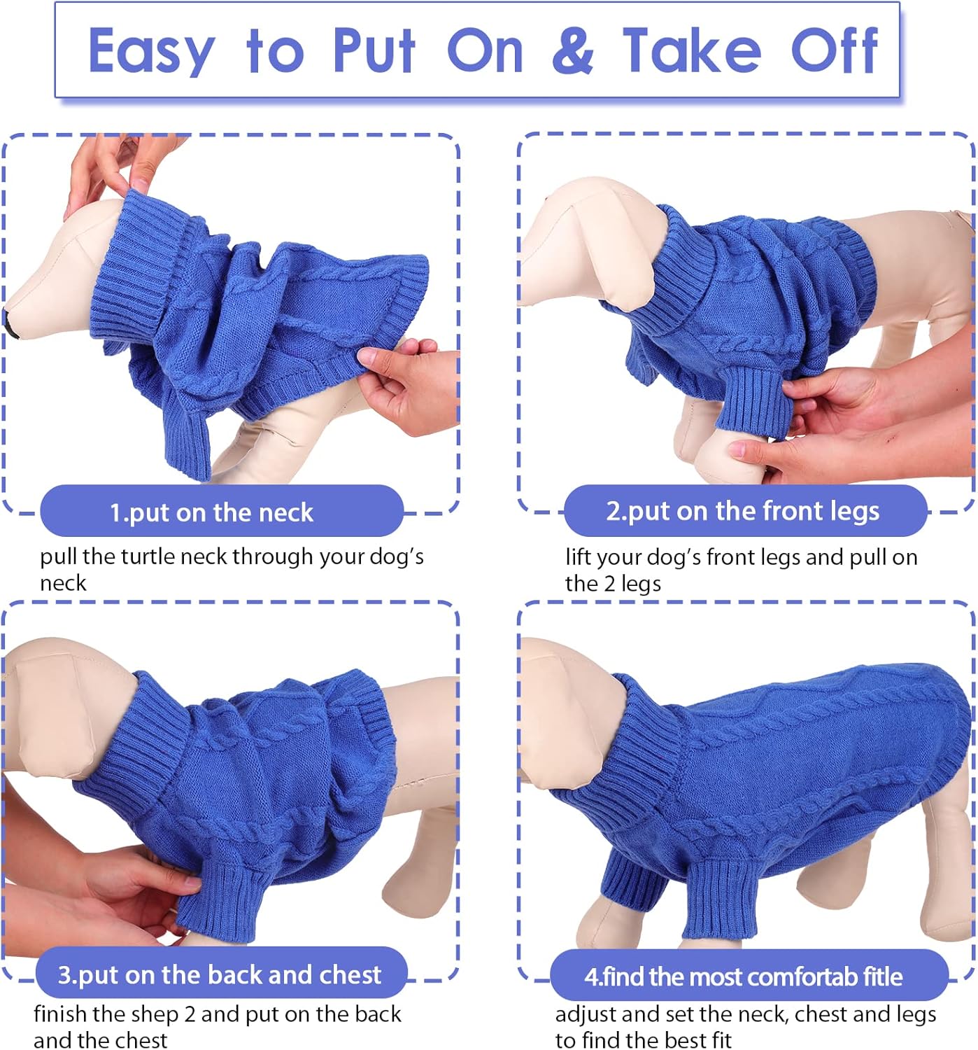 Queenmore Small Dog Pullover Sweater, Cold Weather Cable Knitwear, Classic Turtleneck Thick Warm Clothes for Chihuahua, Bulldog, Dachshund, Pug (Royal Blue, X-Large)