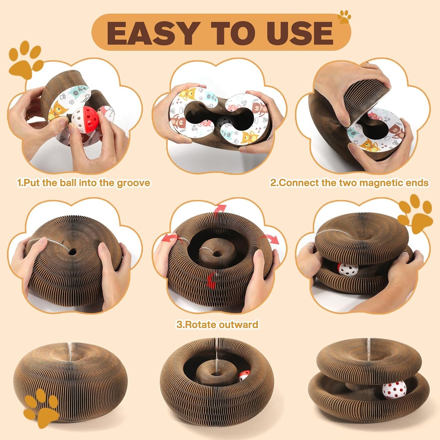 2 PCS Magic Organ Cat Scratcher Board with 6 Balls, Foldable Recyclable Accordion Cats Toy with Ball and Track Adventure, Cat Scratching Pad, Retractable Reversible Furniture Protector(Brown)