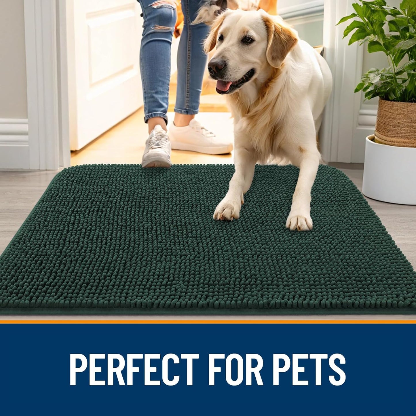 OLANLY Dog Door Mat for Muddy Paws 44x32, Absorbs Moisture and Dirt, Absorbent Non-Slip Washable Doormat, Quick Dry Chenille Mud Mat, Entry Indoor Entryway Carpet for Inside Floor, Blackish Green