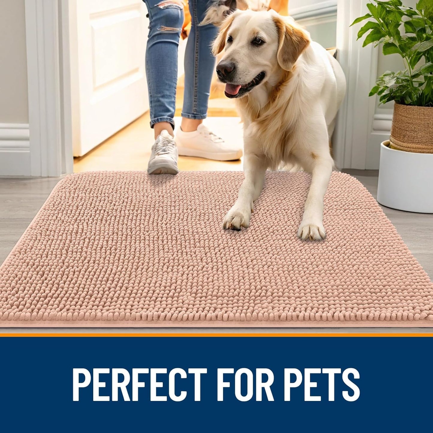 OLANLY Dog Door Mat for Muddy Paws 70x24, Absorbs Moisture and Dirt, Absorbent Non-Slip Washable Doormat, Quick Dry Chenille Mud Mat for Dogs, Entry Indoor Entryway Carpet for Inside Floor, Peach