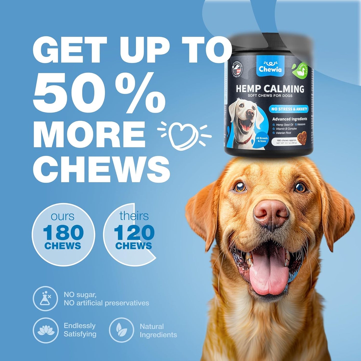 Hemp Calming Chews for Dogs Anxiety - Dog Calming Treats with Melatonin, Valerian Root, Chamomile Extract & Vitamin B Complex - Canine Chews for Vet Visits, Grooming, Travel, Thunderstorms, Fireworks