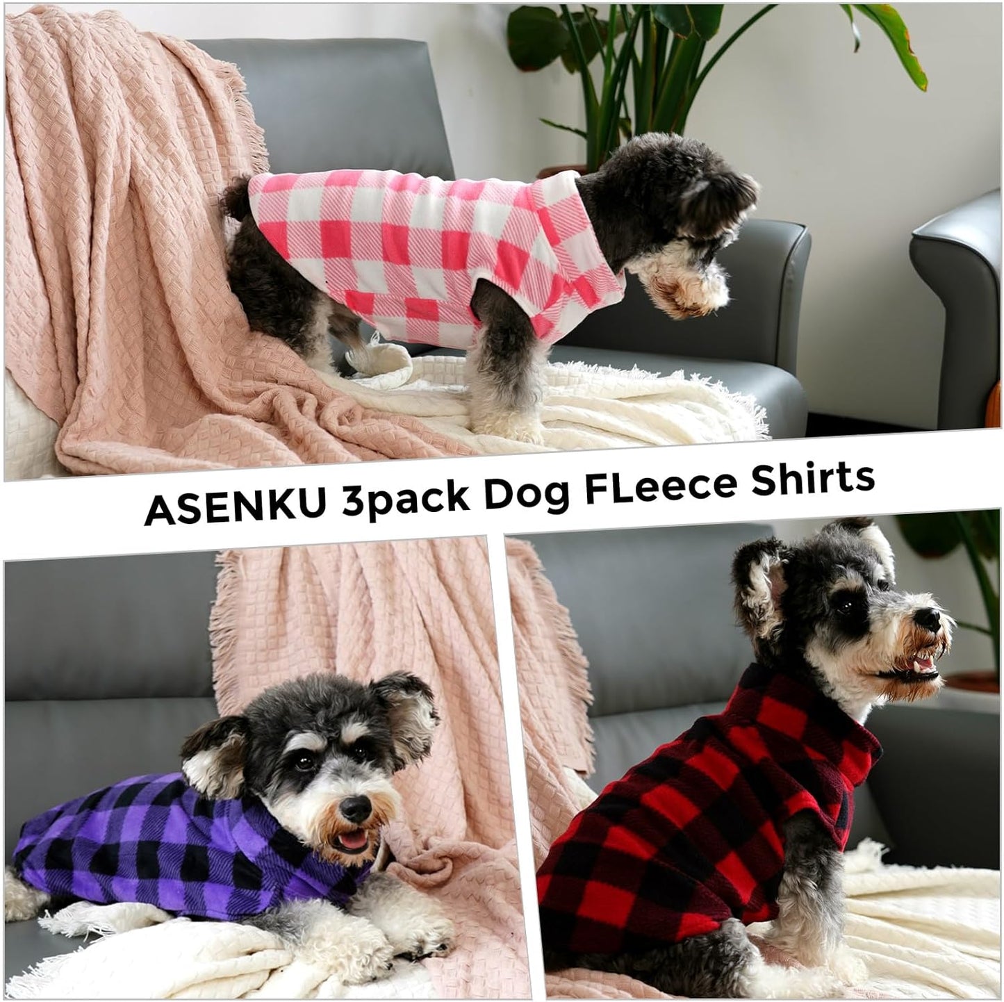 ASENKU Plaid Dog Fleece Vest, Soft Comfortable Pet Pajamas, Warm Winter Dog Shirt, Cold Weather Coat Jacket - 3 Pack Pet Clothes for Small & Medium Dogs